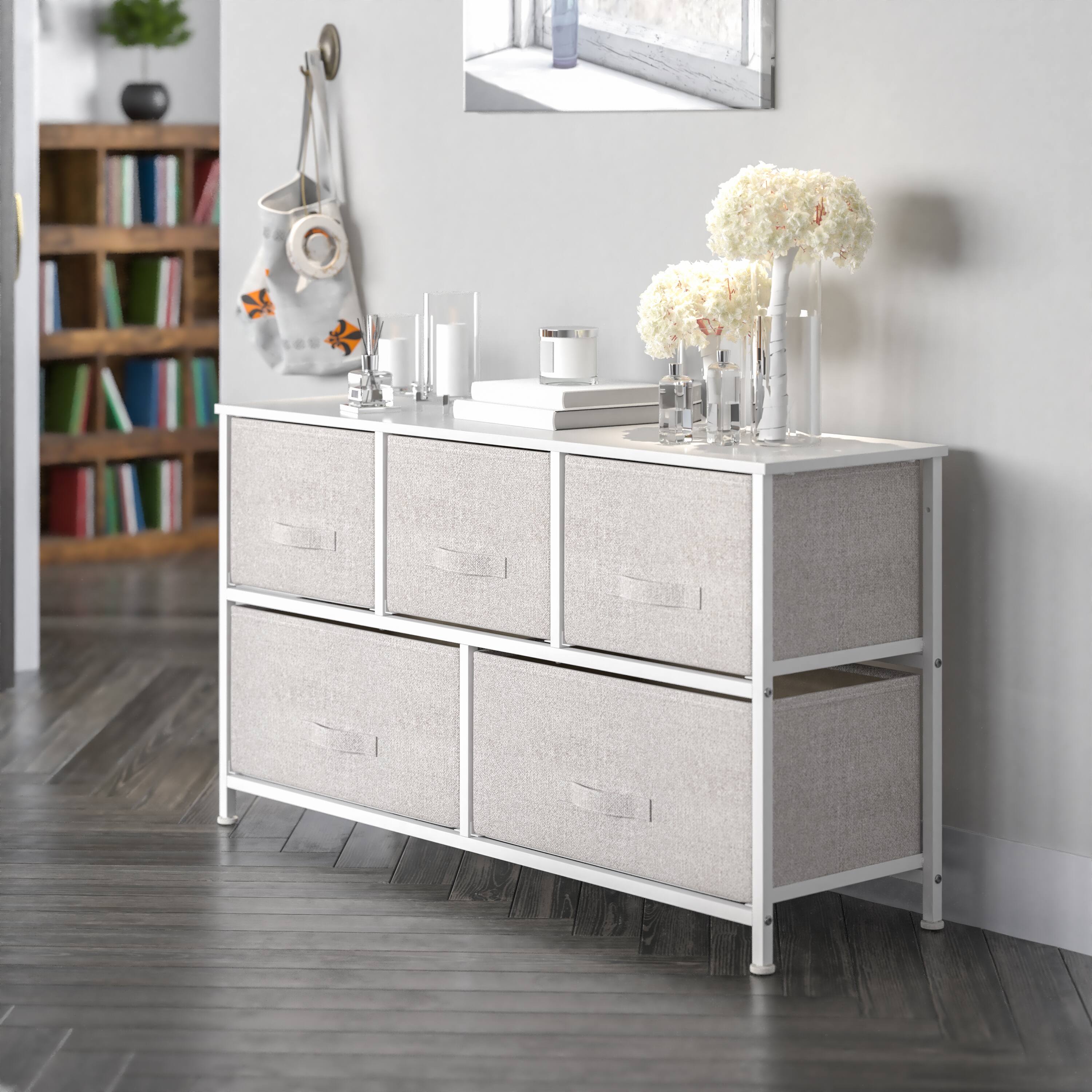Alt View 1. Emma + Oliver - 5 Drawer Storage Chest with Wood Top & Dark Fabric Pull Drawers - Gray Drawers/White Frame.