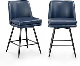 Winado - 26" H Swivel Barstools PU Faux Leather Upholstered Counter Height Bar Stool Chair with Back, Square Seat, Metal Legs - Blue-Set of 2