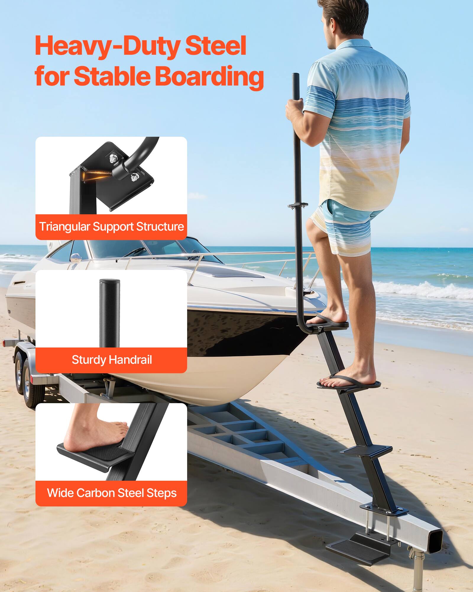 Heavy-Duty Steel for Stable Boarding  
Triangular Support Structure  
Sturdy Handrail  
Wide Carbon Steel Steps