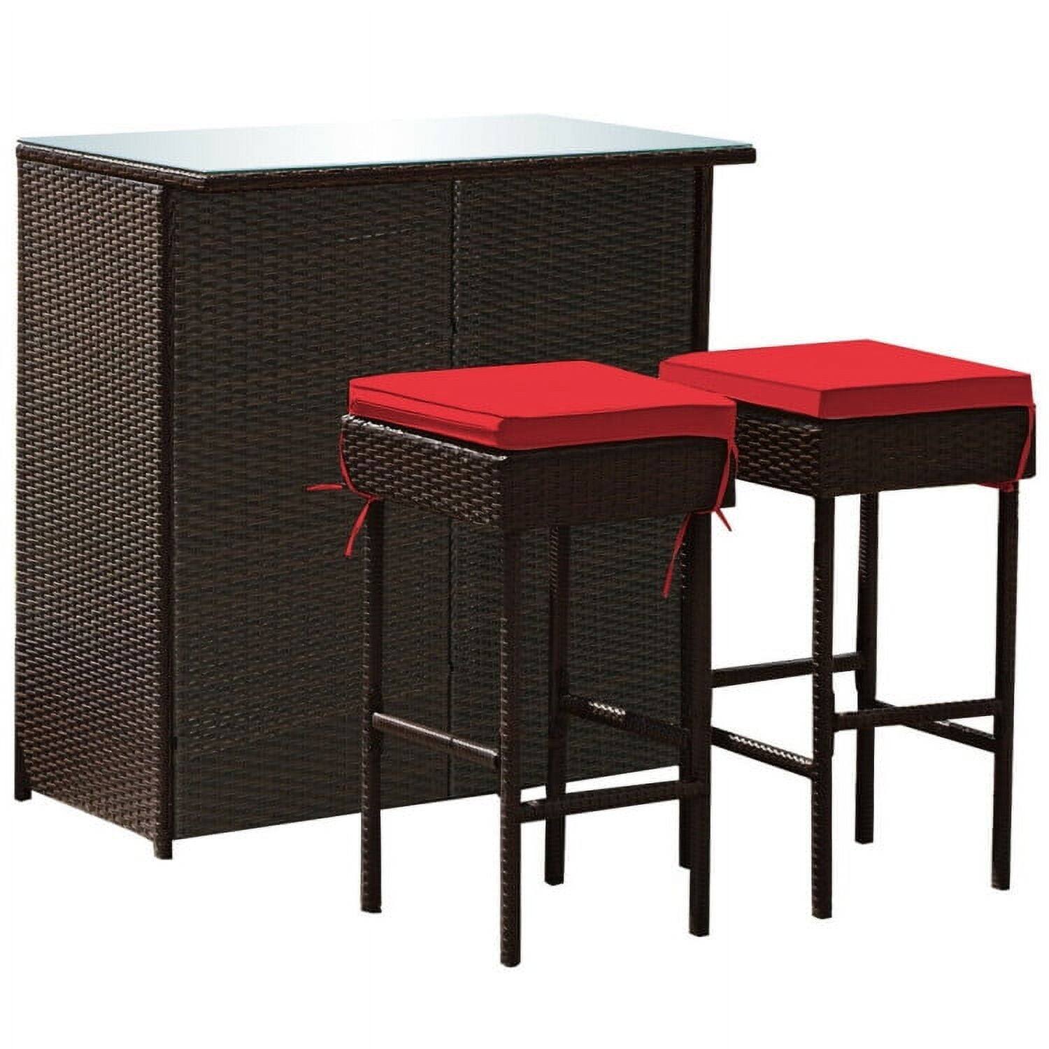 Front. Pefilos - 3-Piece 3PCS Patio Rattan Wicker Bar Table Stools Dining Set-Red, Wicker Furniture Conversation Sets, Coffee Table - Red.