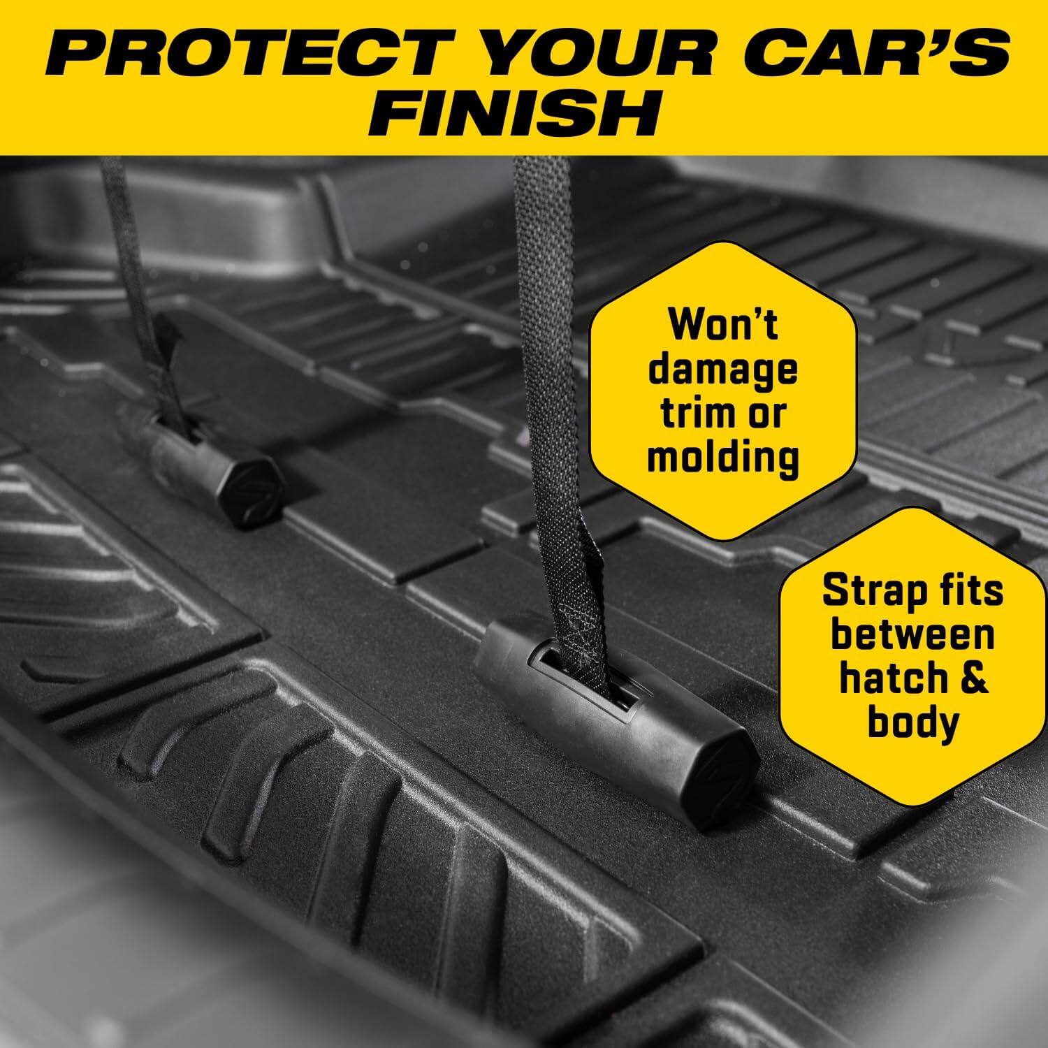 PROTECT YOUR CAR'S FINISH

Won't damage trim or molding

Strap fits between hatch & body