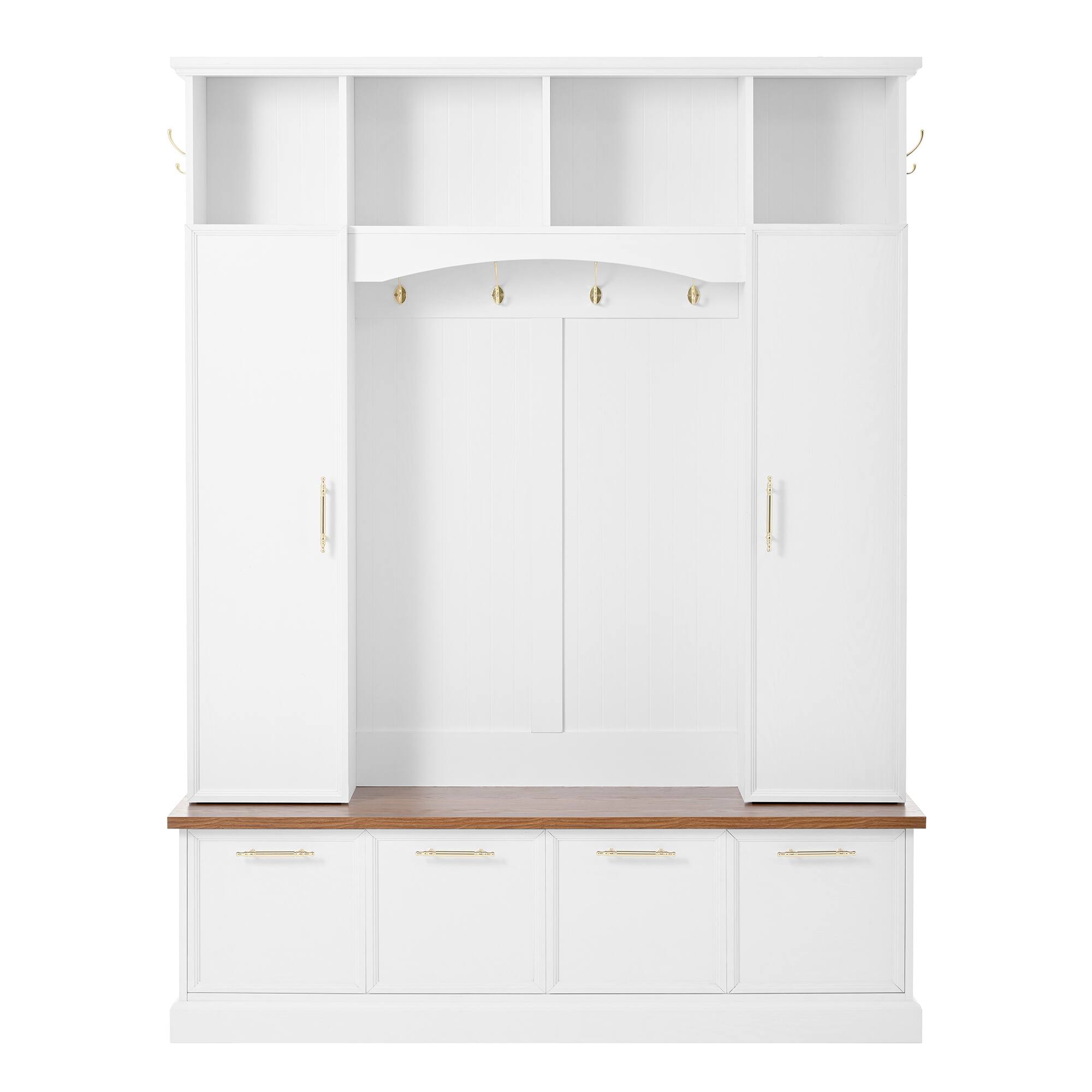 Angle. Whisen - 4-in-1 Hall Tree,Entryway Coat Rack with Storage Bench,Shoe Cabinet,Handles and Adjustable Shelves - White.