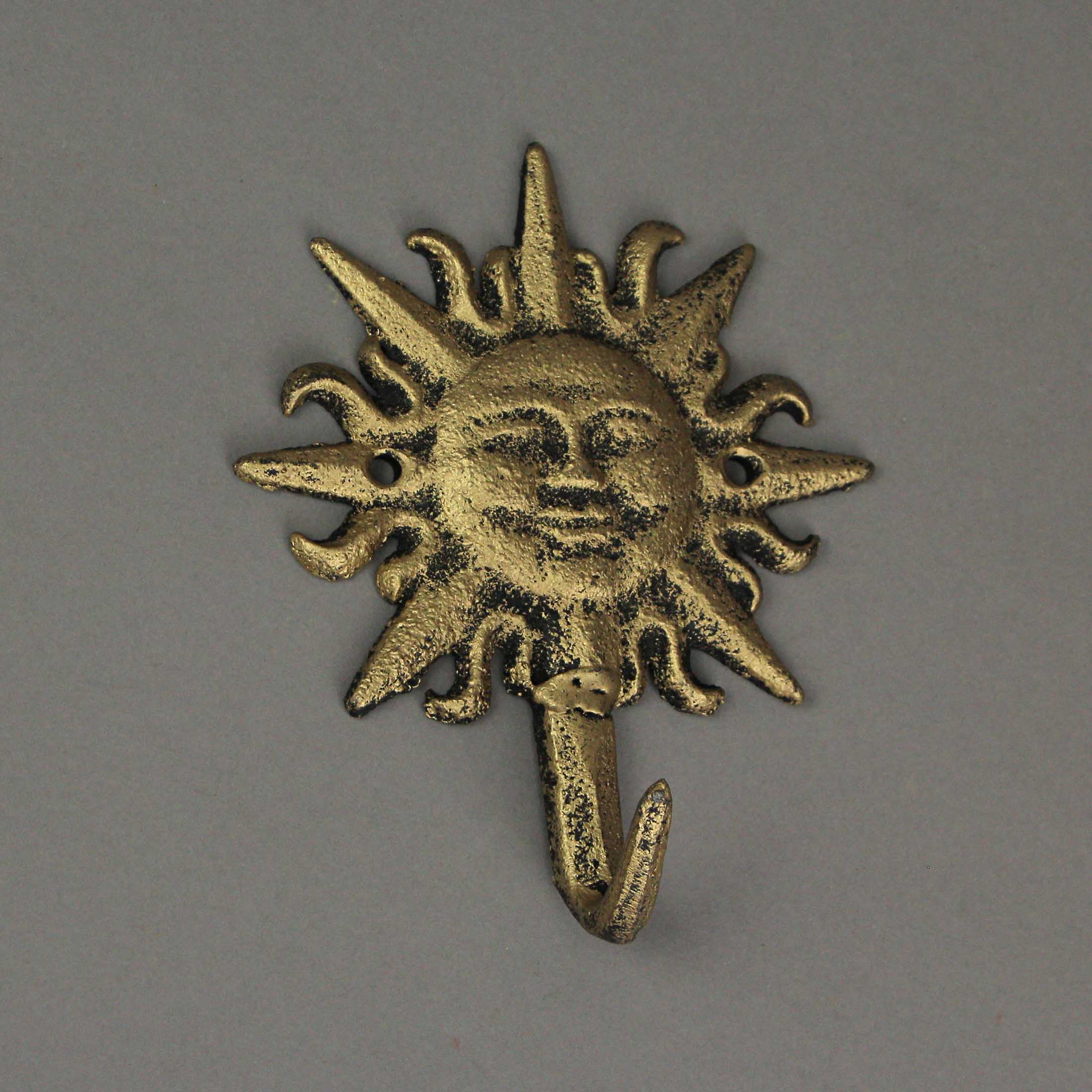 Alt View 3. Zeckos - Set of 3 Cast Iron Gold Sun Face Decorative Wall Hooks Towel Coat Hanger Rack - Gold.