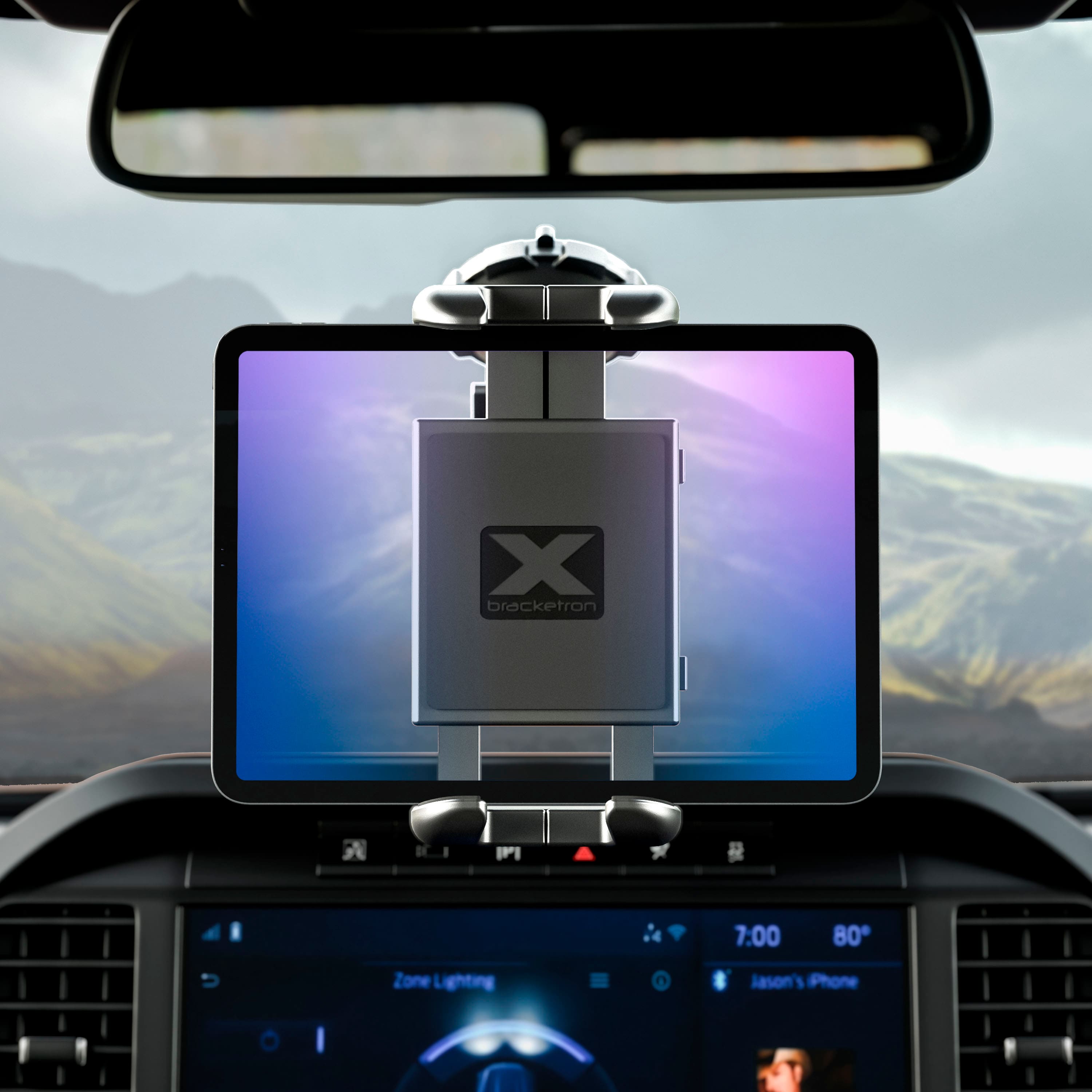 The text on the image reads: "X Bracketron II 7:00 80 Zone Lighting Jason's Phone."