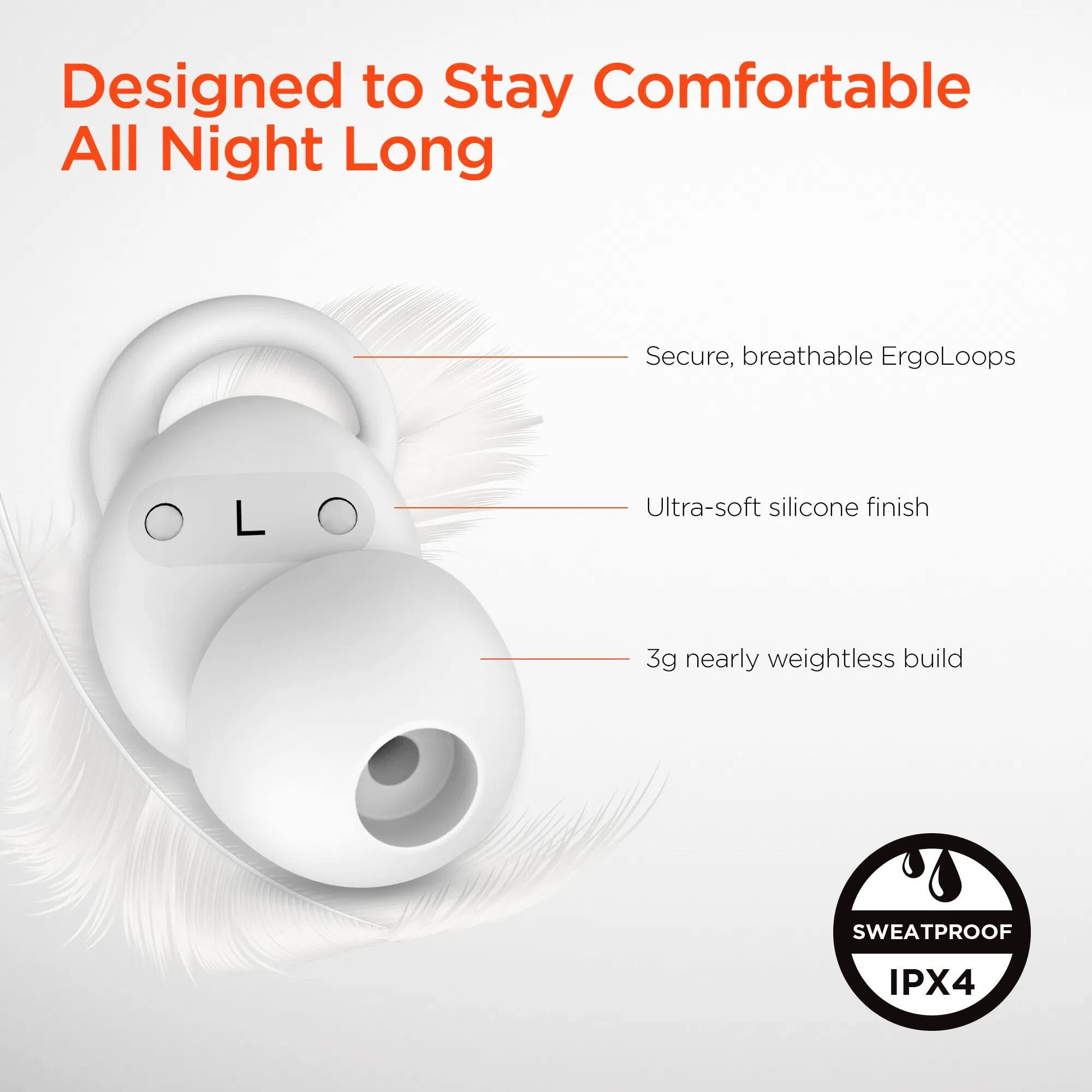 Designed to Stay Comfortable All Night Long

- Secure, breathable ErgoLoops
- Ultra-soft silicone finish
- 3g nearly weightless build

SWEATPROOF IPX4