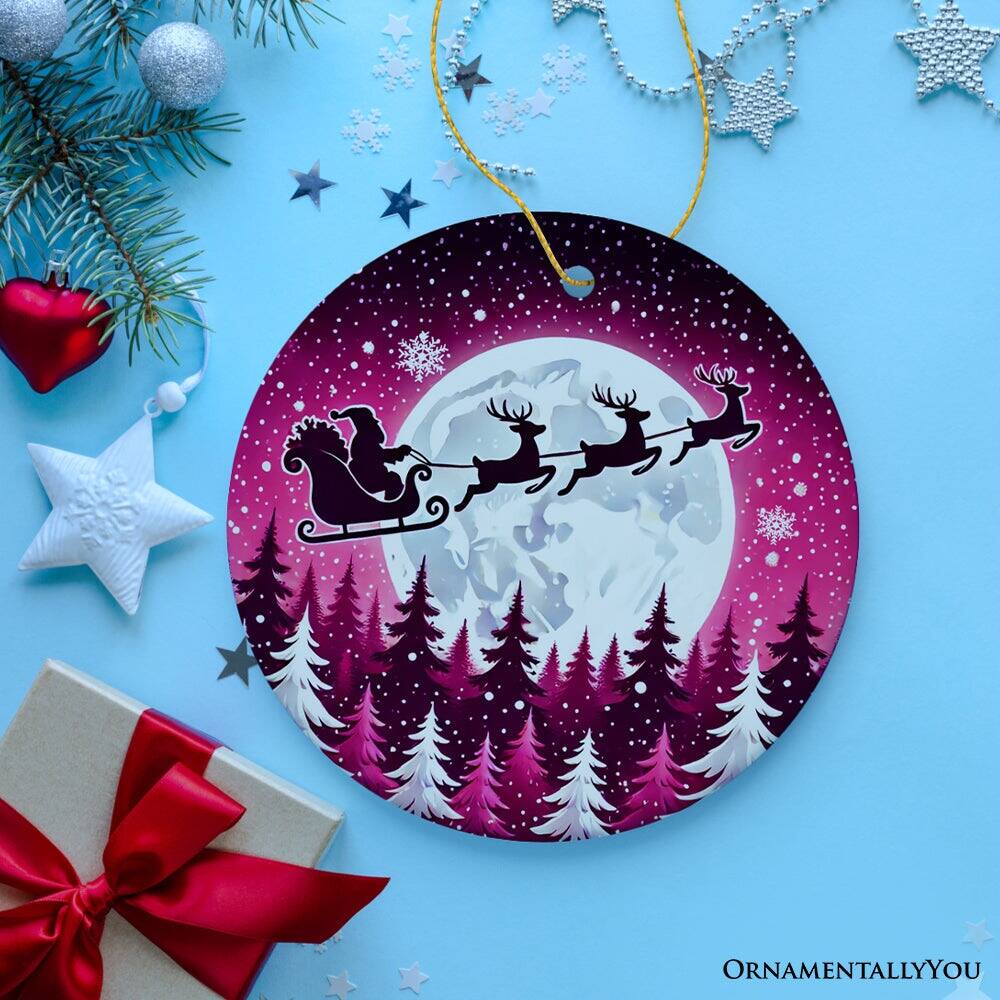 Back. OrnamentallyYou - Moonlit Santa Silhouette Pink Themed Ornament Enchanted Night Sky for Holiday Decor - Multi-colored.