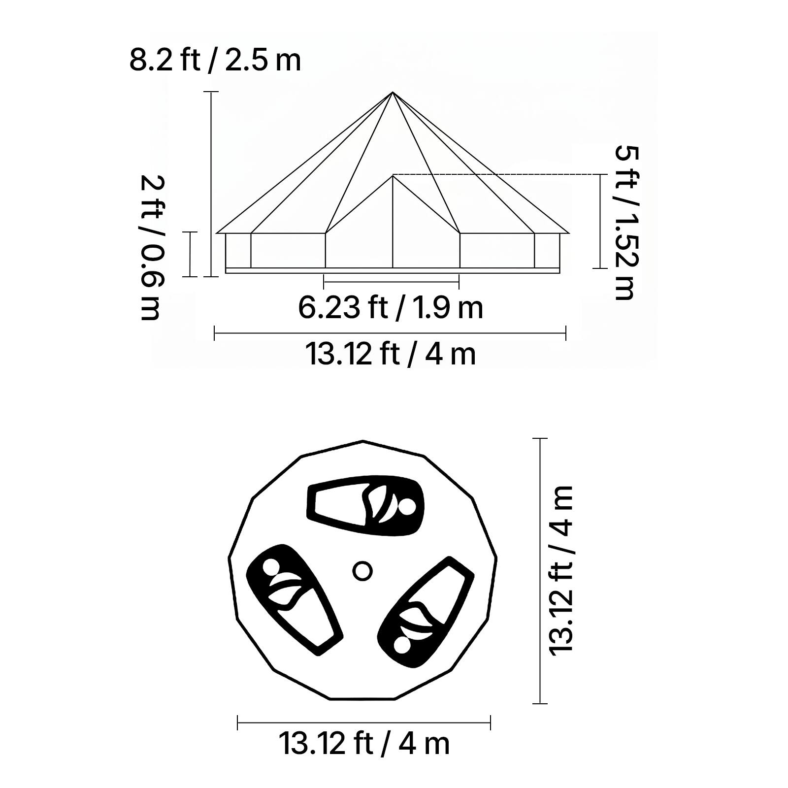 8.2 ft / 2.5 m  
2 ft / 0.6 m  
6.23 ft / 1.9 m  
13.12 ft / 4 m  
5 ft / 1.52 m