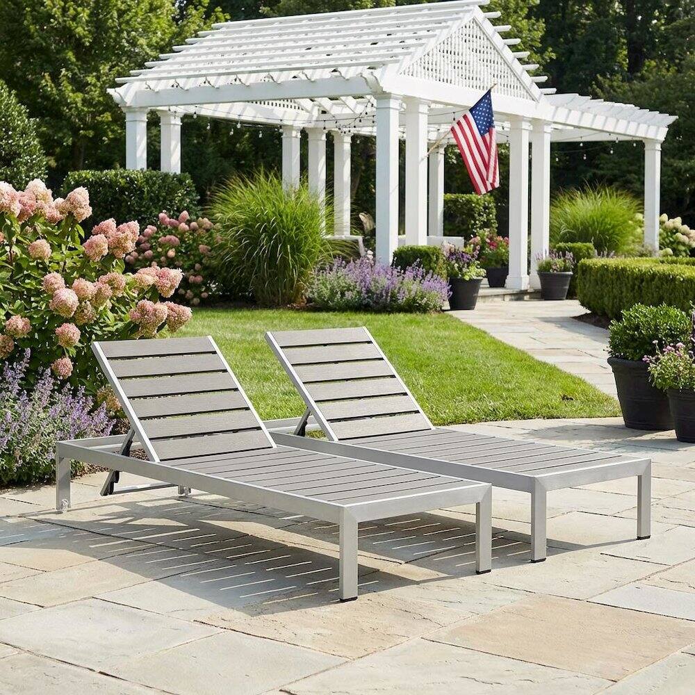 Left. Outdoor Escape - Outdoor Patio Aluminum Lounge Chairs Set Of 2 With Ergonomic Backrests - Gray.