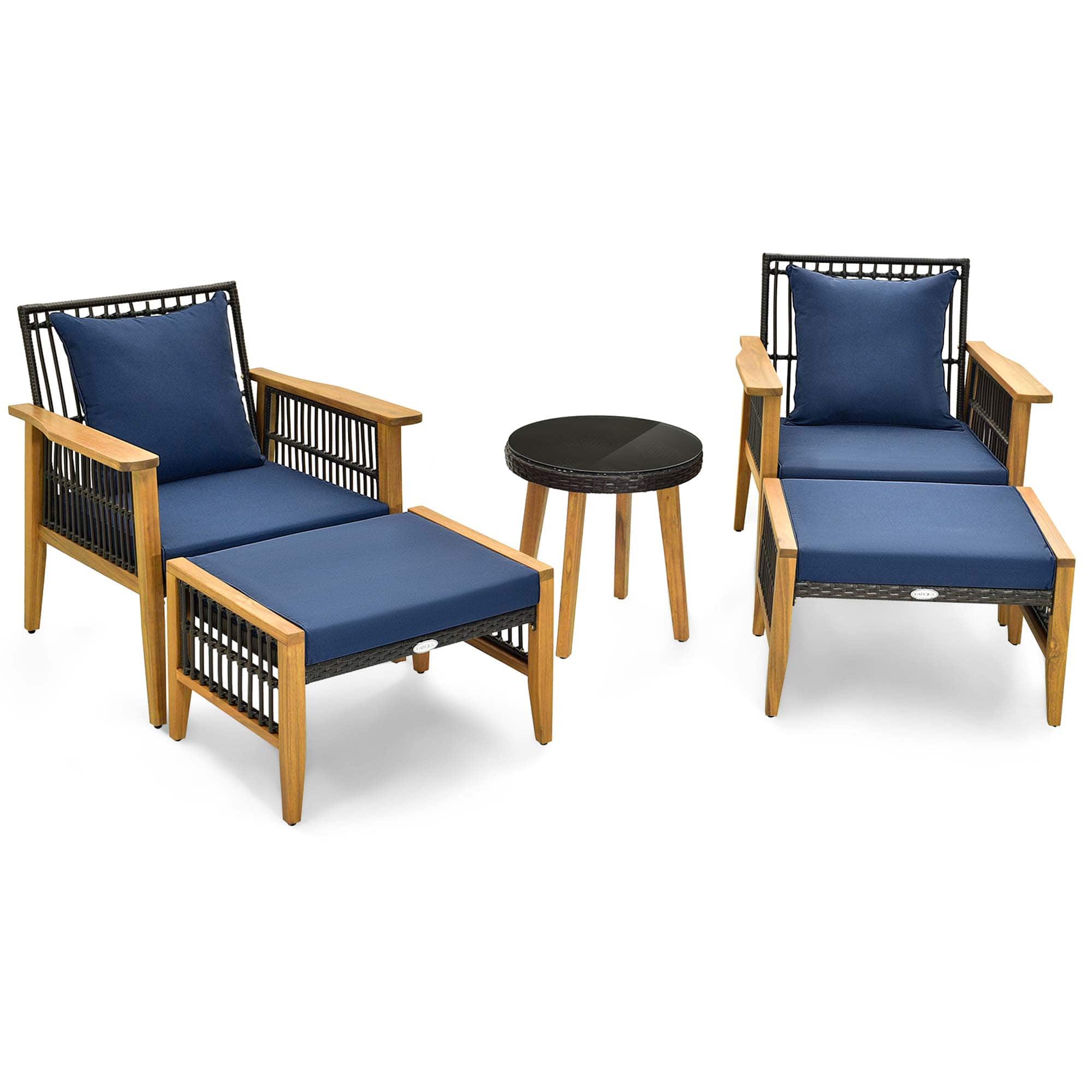 Front. Costway - 5 Pcs Patio Acacia Wood Wicker Woven Furniture Set with Coffee Table & 2 Ottomans - Navy.