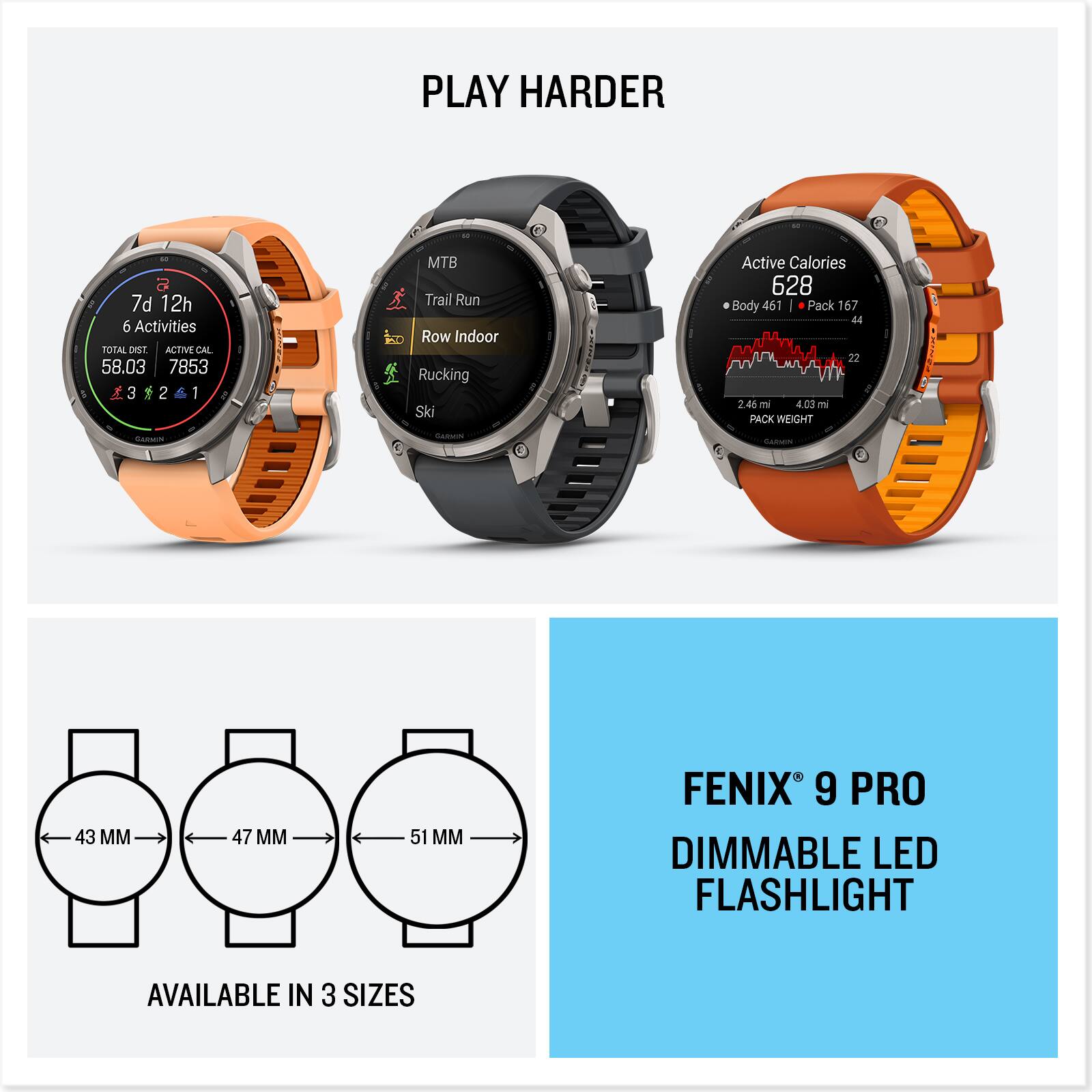 PLAY HARDER

7d 12h 6 Activities
TOTAL DIST. ACTIVE CAL
58.03 7853 321

MTB Trail Run Row Indoor Rucking Ski

Active Calories 628
Body 461 Pack 167 44 22
2.46 mi 4.03 mi PACK WEIGHT

GARMIN

GARMIN
43 MM
47 MM
51 MM

FENIX 9 PRO DIMMABLE LED FLASHLIGHT
AVAILABLE IN 3 SIZES