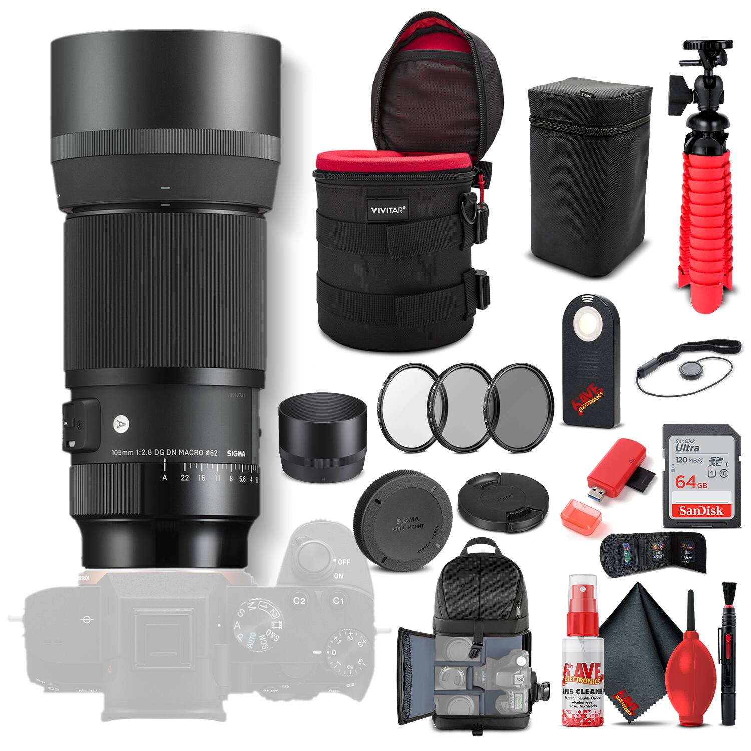 Vivitar 105mm 1:2.8 DG DN Macro 062 Sigma  
Surta Ultra 120MB/s 64GB SanDisk  
Save His Camera Lens Cleaning Kit  
C2 C1
