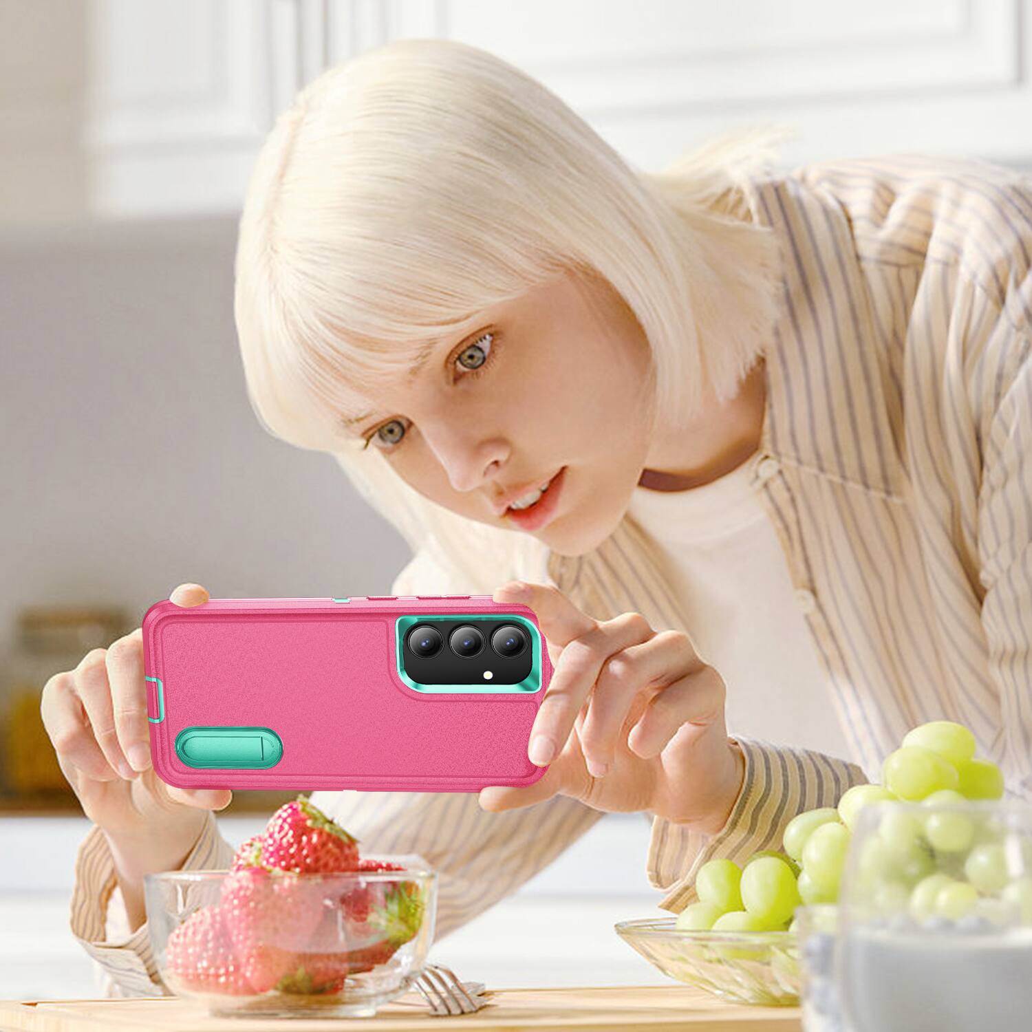 Alt View 4. Dteck - Heavy Duty Case for Samsung Galaxy S25 FE with Foldable Kickstand,Dual-Layer Shockproof Hard PC Soft Silicone Cover - Rose+Mint.