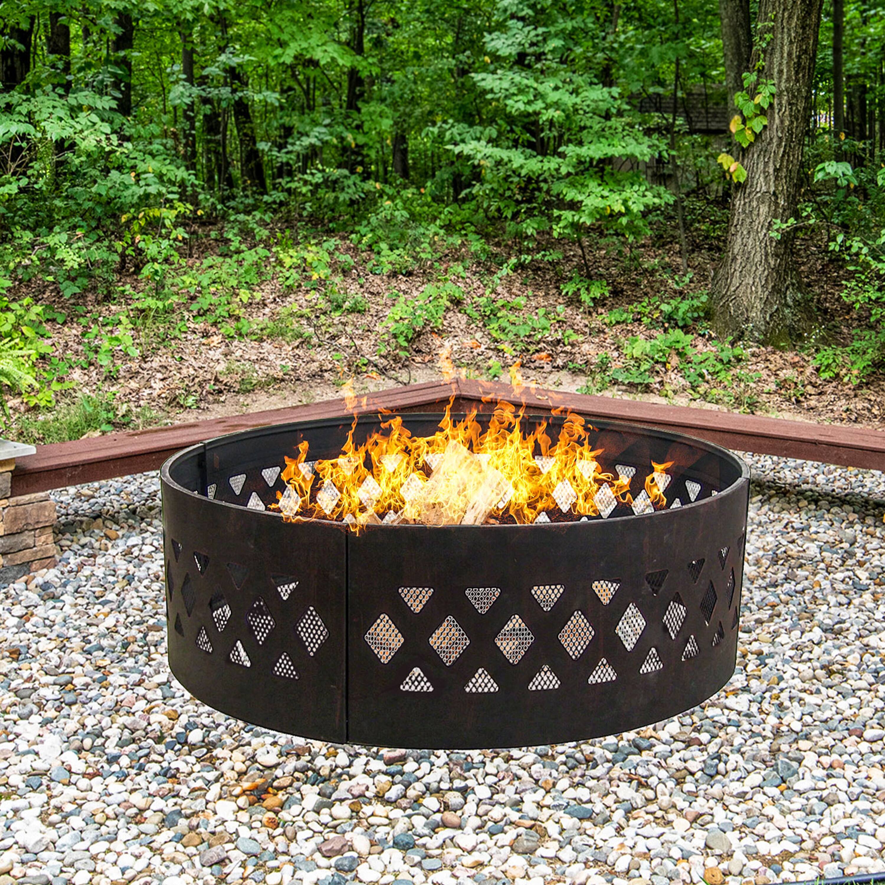 Alt View 9. Sunnydaze - 36 in Crossweave Steel Wood Burning Fire Pit Ring with Poker - Black.
