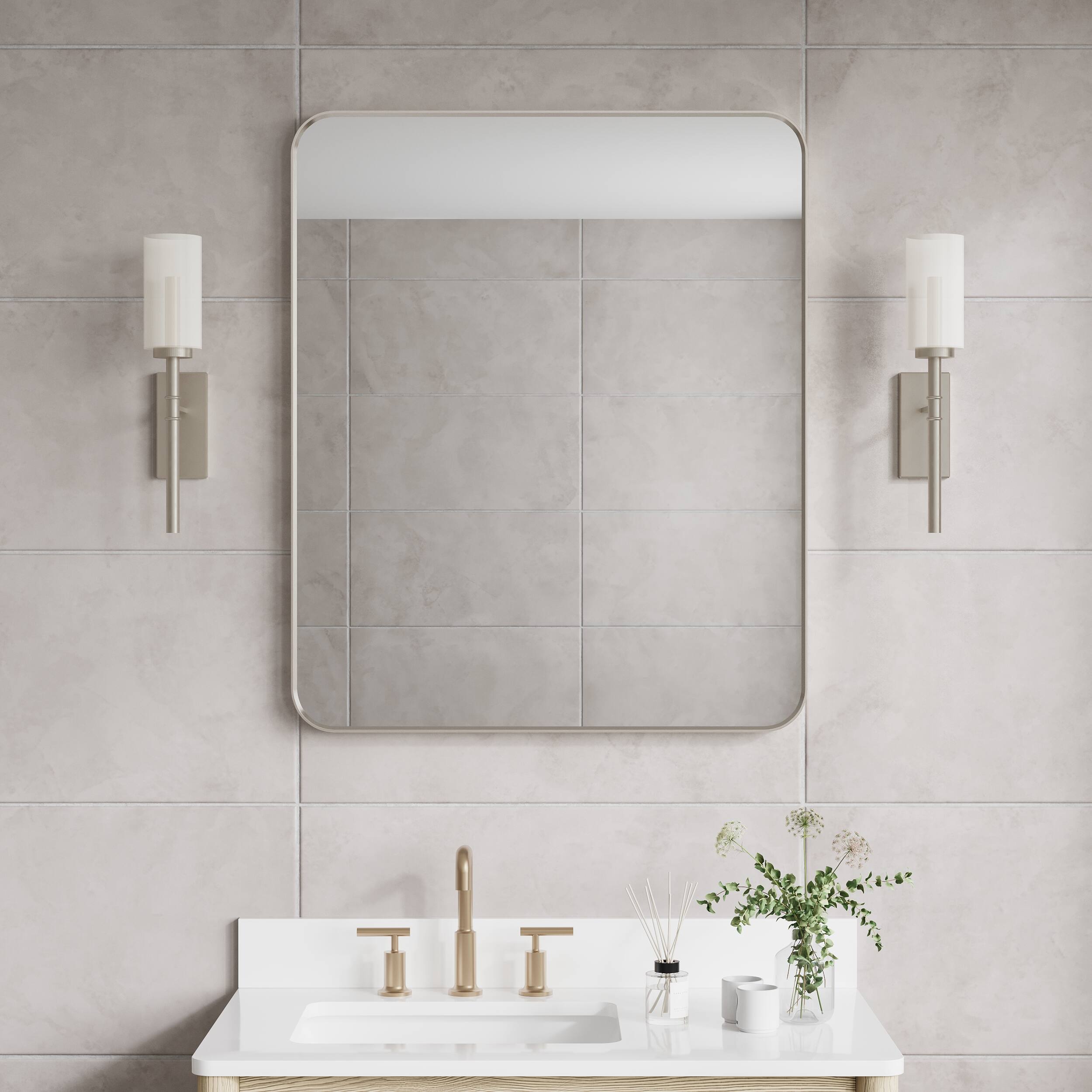 Angle. WELLFOR - 30 in. W x 36 in. H Rectangular Aluminum Framed Wall-Mounted Bathroom Vanity Mirror - Brushed Nickel.