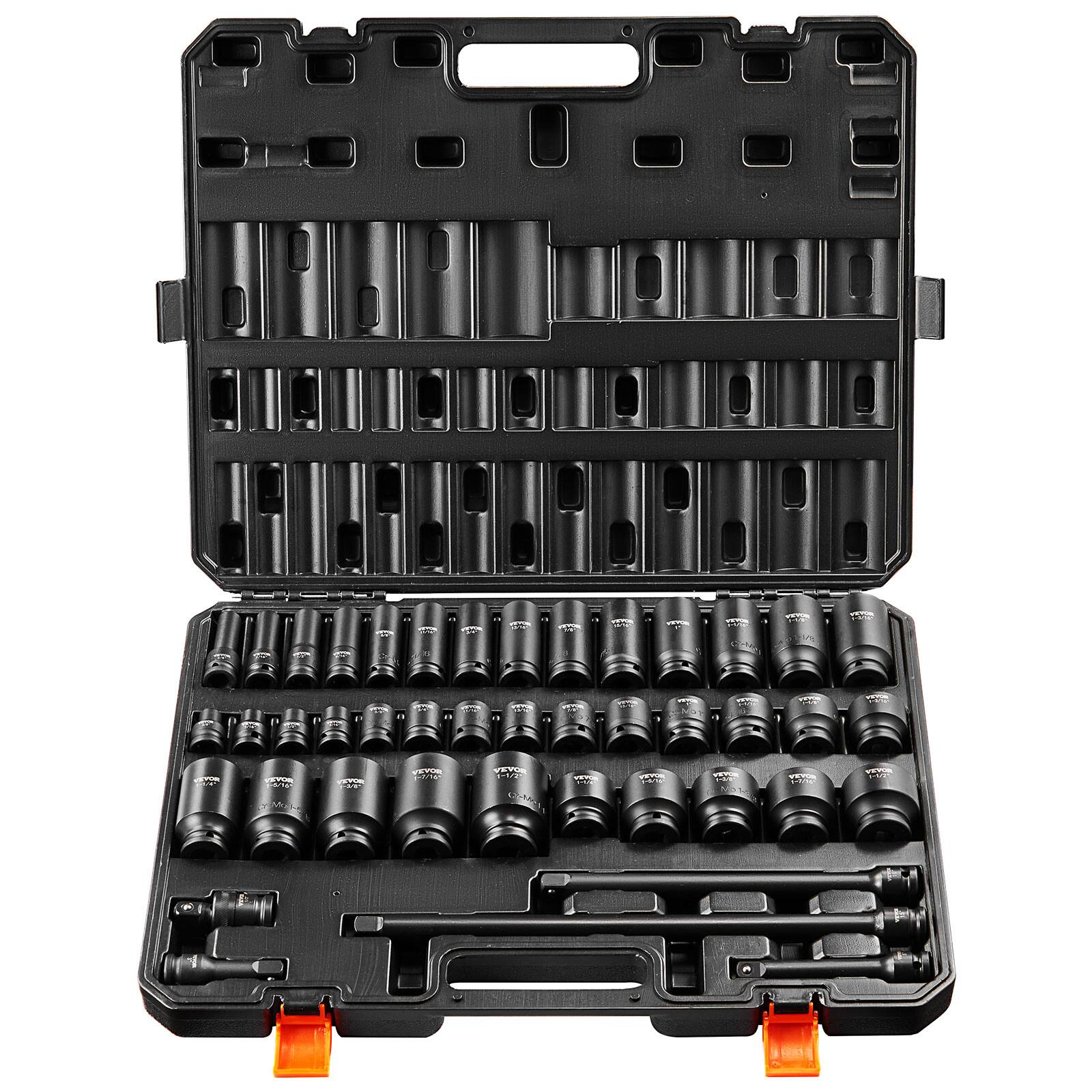 VEVOR - 1/2" Drive Impact Socket Set, 43 Piece Deep & Shallow Socket Set SAE 3/8" to 1-1/2", 6 Point Cr-Mo Alloy Steel - Black