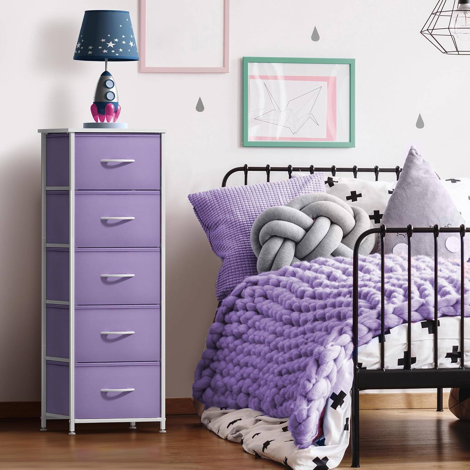 Angle. Sorbus - Sorbus Fabric Dresser for Kids Bedroom, Chest of 5 Drawers, Tall Storage Tower Clothing Organizer for Playroom - Purple.