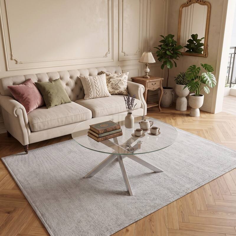 Angle. WELLFOR - 31.5" Round Coffee Table with Tempered Glass Top &Metal Leg, Modern Center Table Cocktail Tea Table for Living Room - Silver.