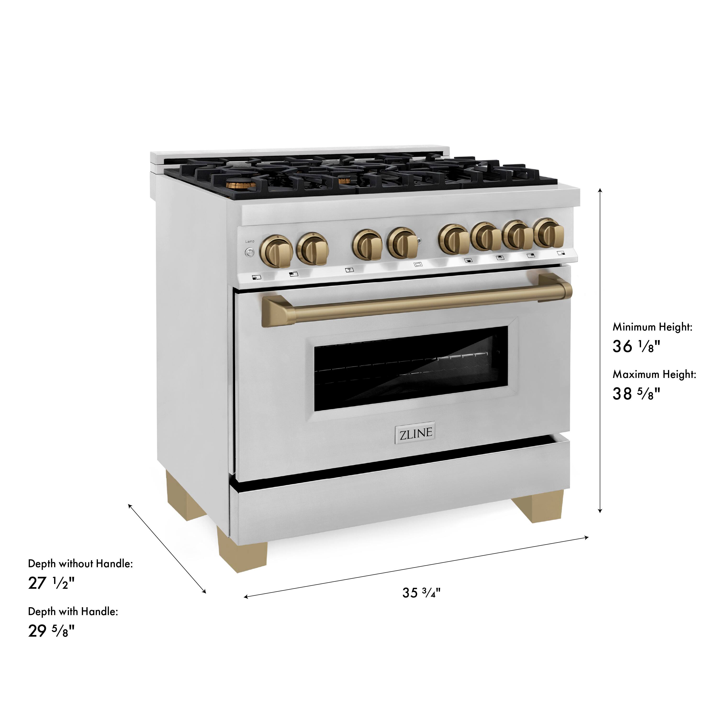 Minimum Height: 36 1/8"  
Maximum Height: 38 5/8"  
ZLINE Depth without Handle: 27 1/2"  
Depth with Handle: 29 5/8"  
35 3/4"