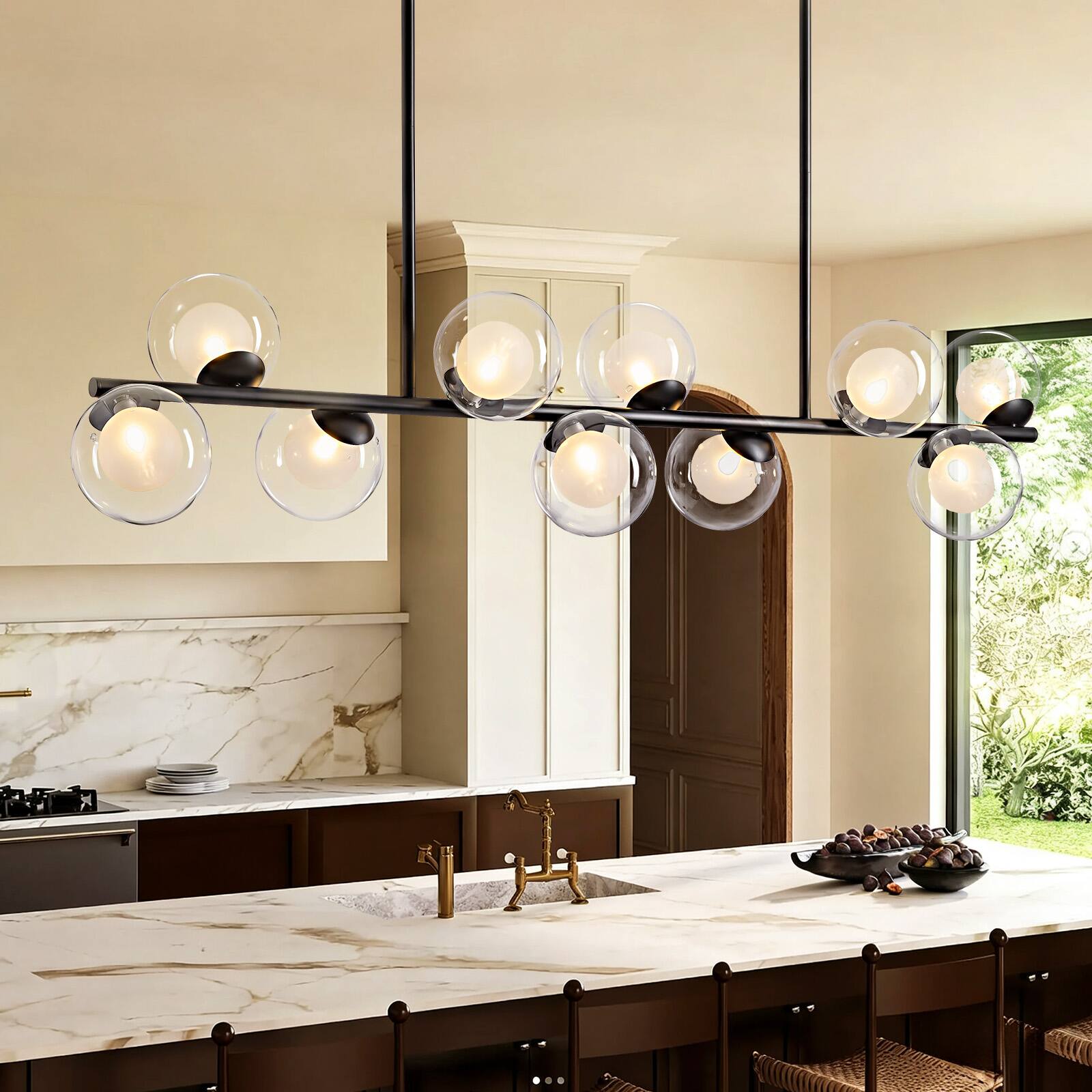 Angle. Siljoy - Modern 10-Light Dimmable Linear Chandelier Clear Double Glass Gold Adj. Height – For Dining Kitchen Bedroom - Black.