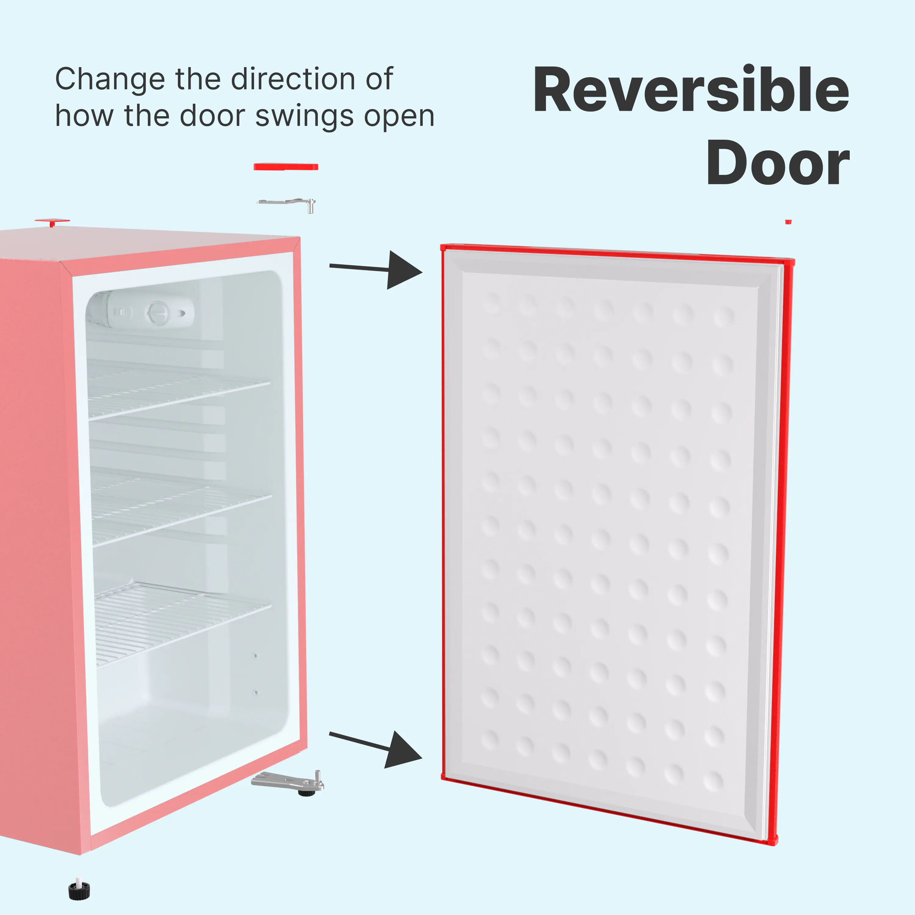 Change the direction of how the door swings open

Reversible Door