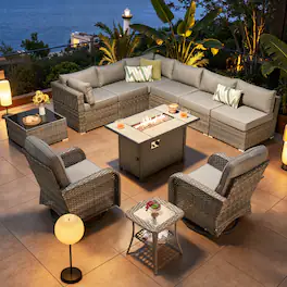 Ovios - 11 PCS Patio Furniture Set with 42" Fire Pit Table, Wicker Sofa with Swivel Chair & Coffee Table - Dark Gray