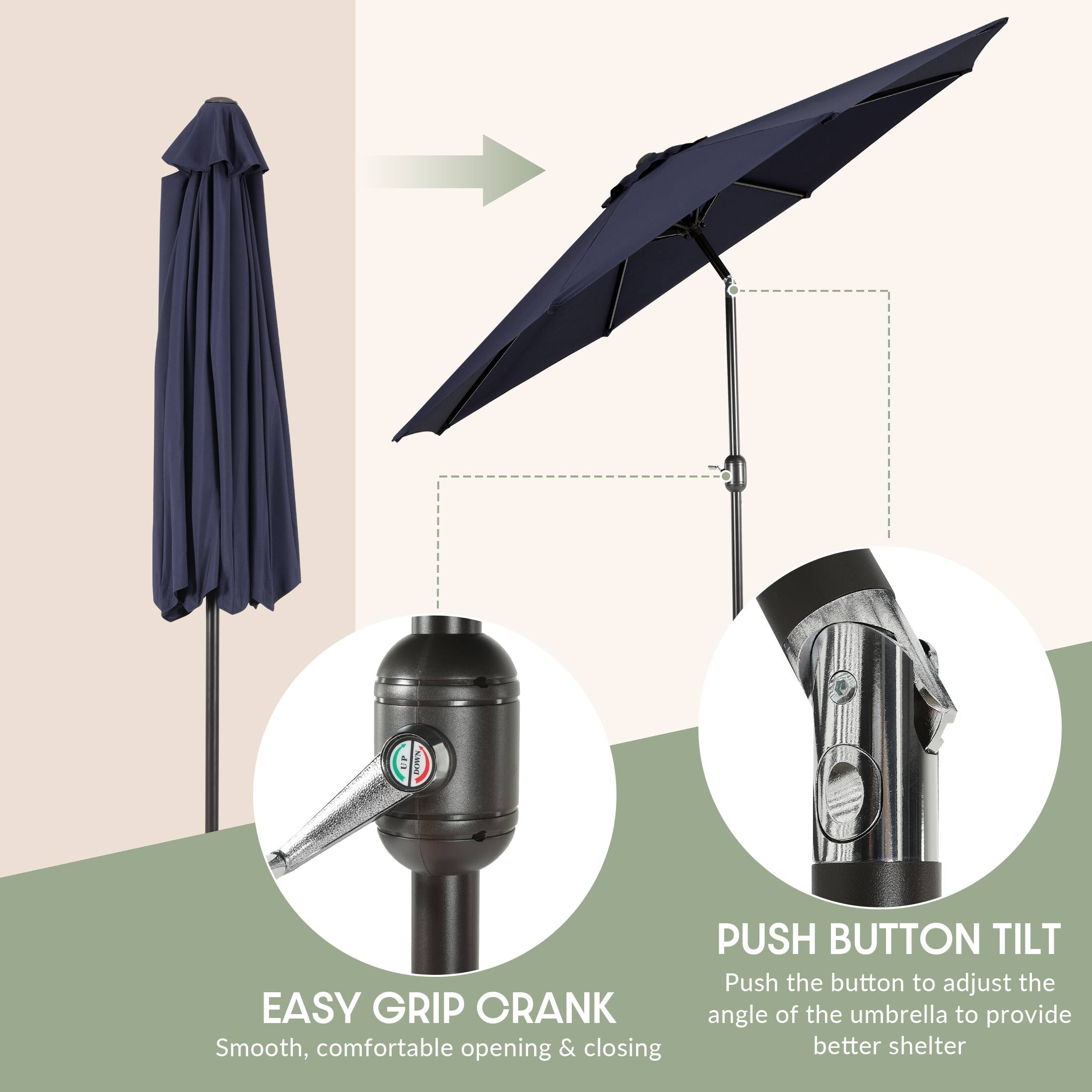 EASY GRIP CRANK  
Smooth, comfortable opening & closing  

PUSH BUTTON TILT  
Push the button to adjust the angle of the umbrella to provide better shelter