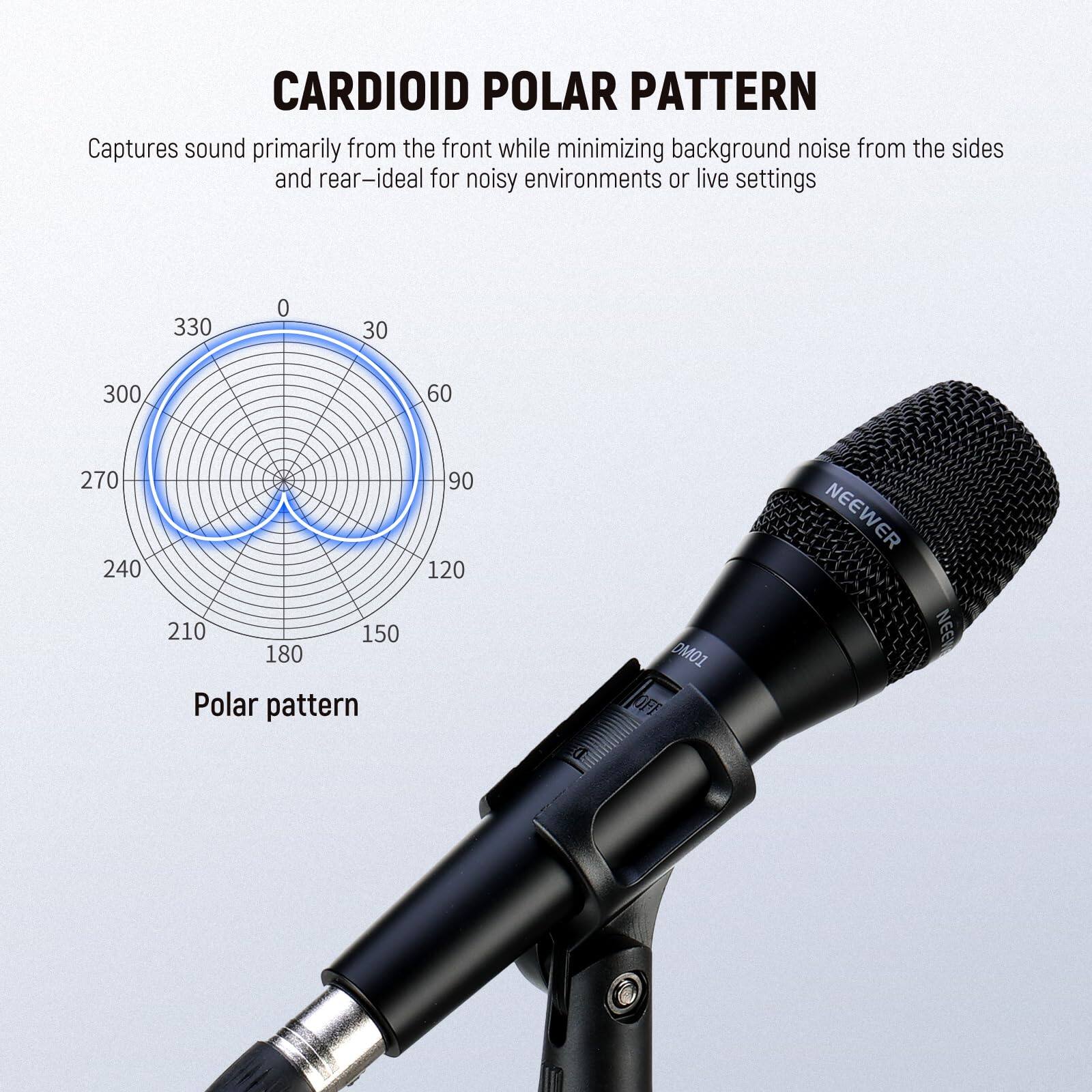 CARDIOID POLAR PATTERN  
Captures sound primarily from the front while minimizing background noise from the sides and rear—ideal for noisy environments or live settings  

Polar pattern  

330 0 30 300 60 270 240 210 150 180  
90 120  

DM01  
OFF  
NEEWER