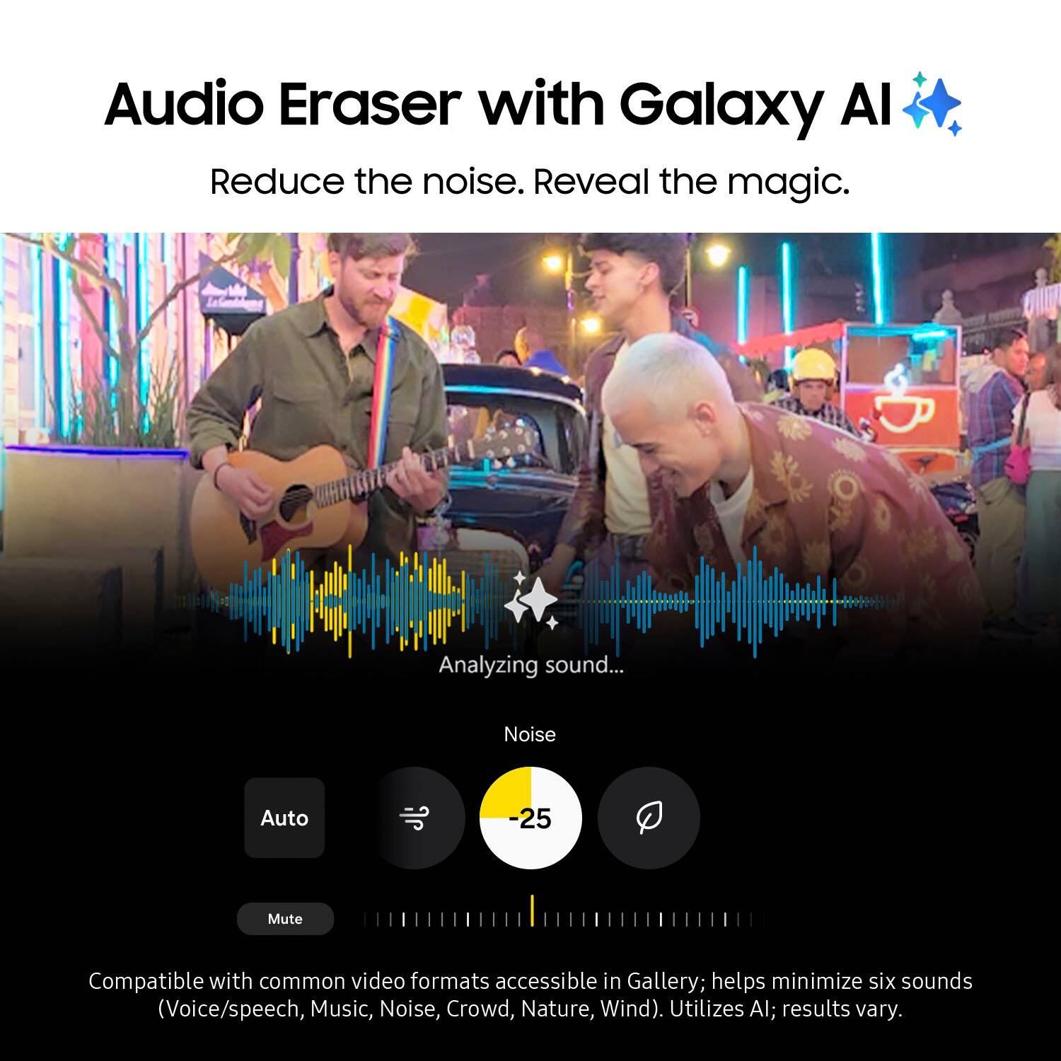 Audio Eraser with Galaxy Al: Reduce the noise. Reveal the magic. Analyzing sound... Noise Auto -25 Mute. Compatible with common video formats accessible in Gallery; helps minimize six sounds (Voice/speech, Music, Noise, Crowd, Nature, Wind). Utilizes AI; results vary.