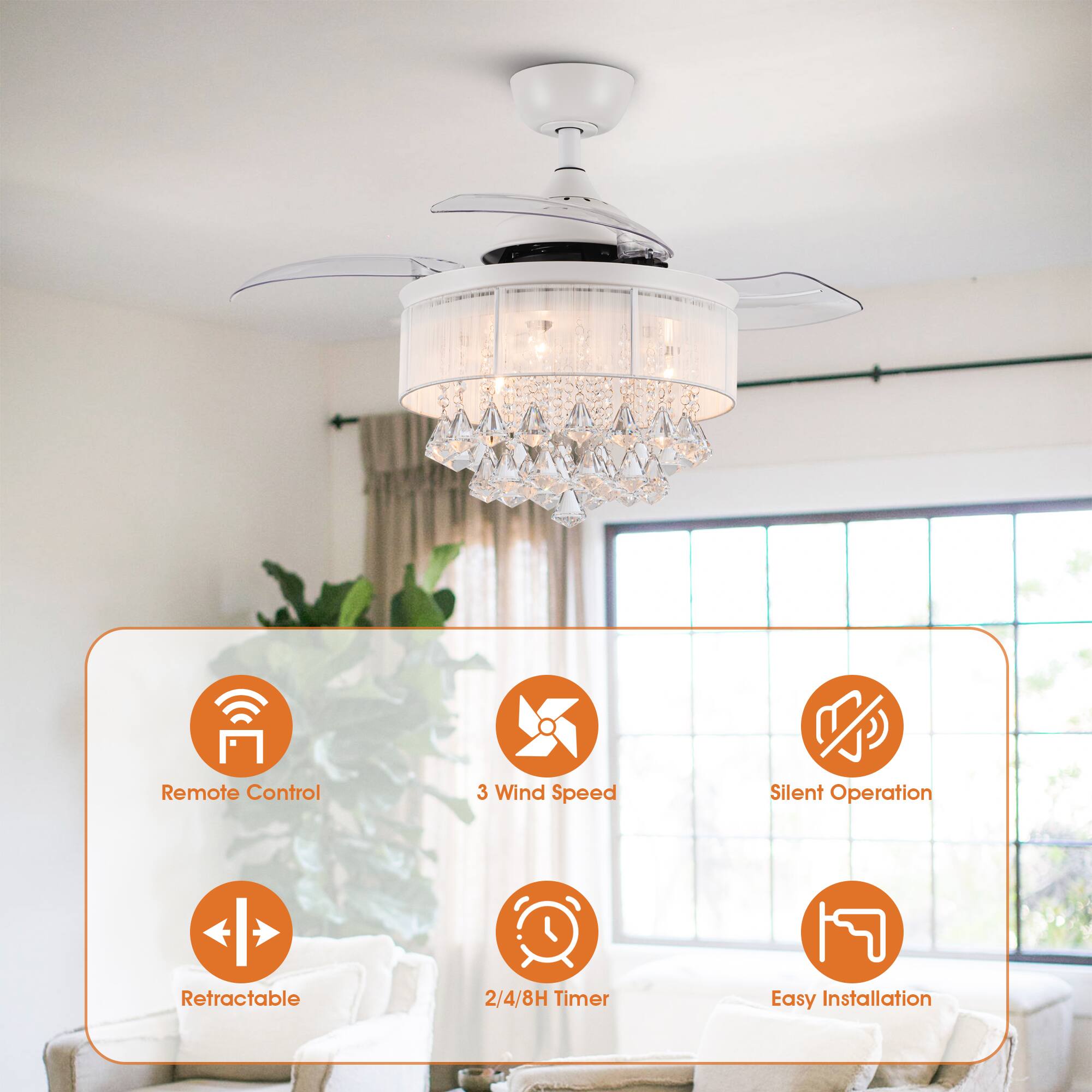 Remote Control  
3 Wind Speed  
Silent Operation  
Retractable  
2/4/8H Timer  
Easy Installation