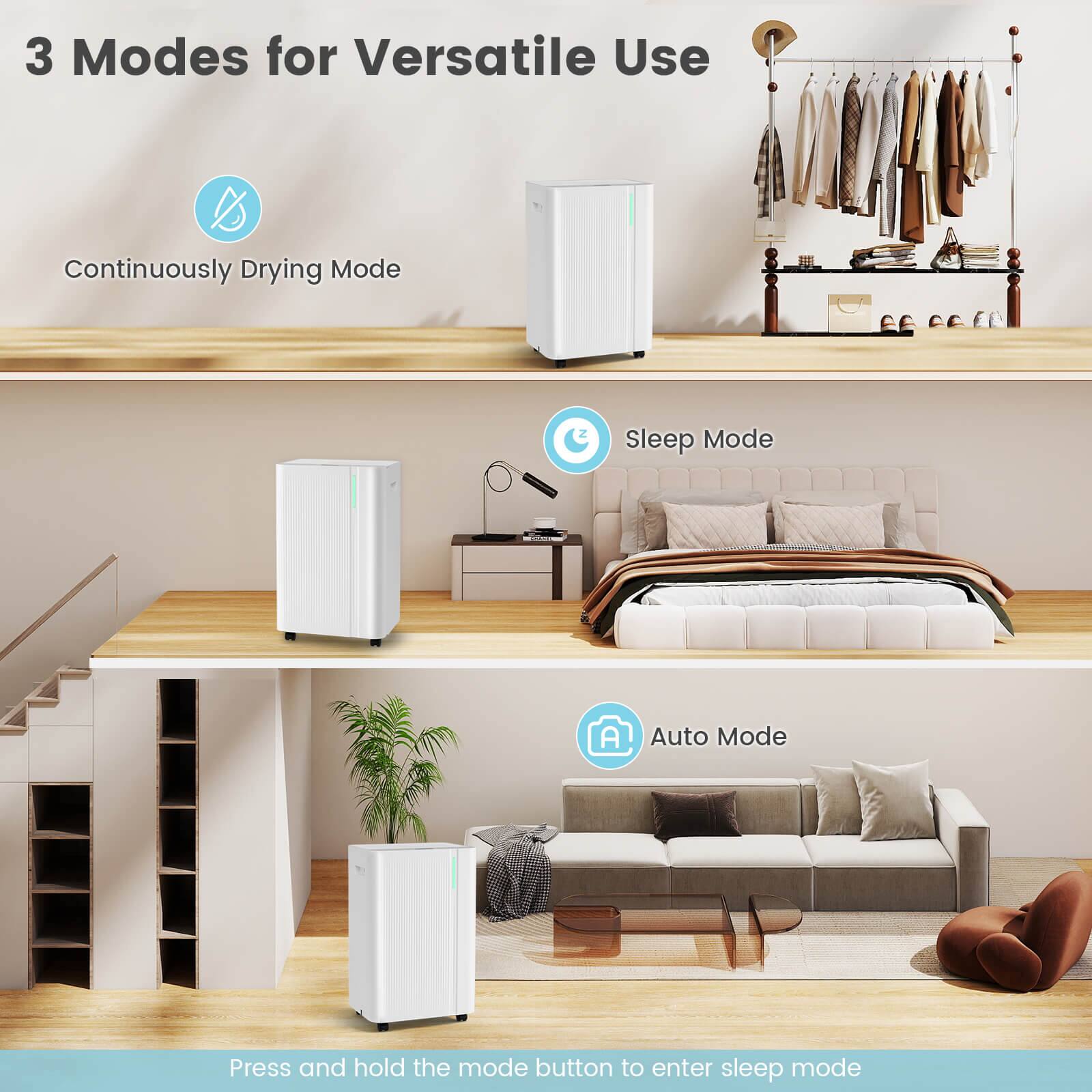 3 Modes for Versatile Use

- Continuously Drying Mode
- Sleep Mode
- Auto Mode

Press and hold the mode button to enter sleep mode
