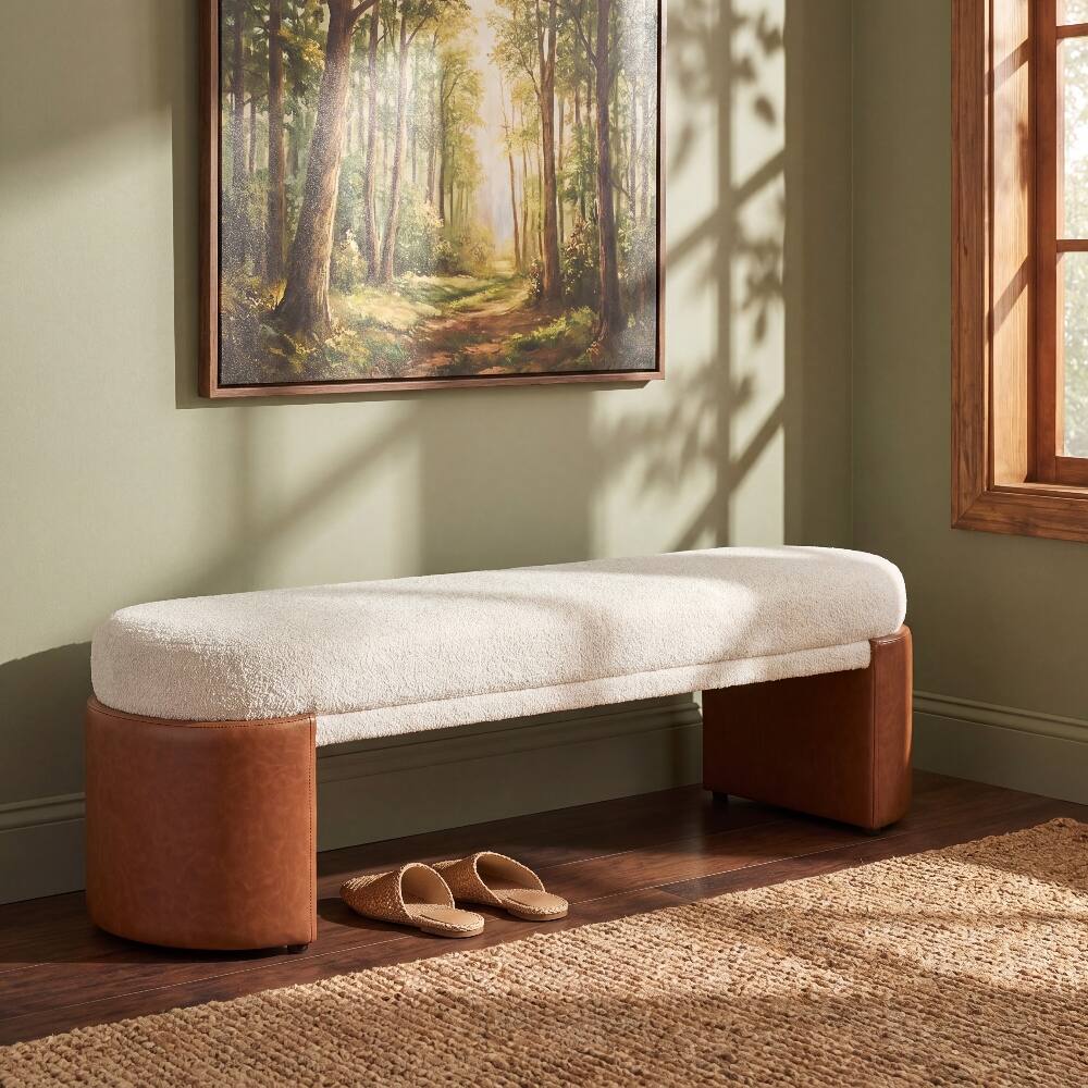 Angle. Ropilly - Ropilly Beige Boucle Dining Bench 63 Inch Modern Accent Upholstered Indoor Bench 250 lbs Capacity - Beige.