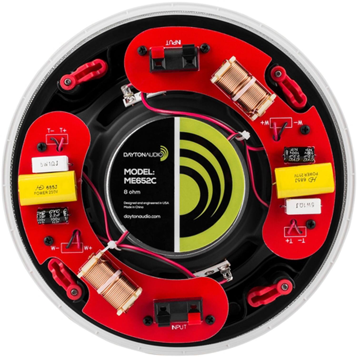 INPUT T- T+ +M -M 5 895 POWER 255V DAYTONAUDIO MODEL: ME652C 8 ohm AN dN 100 Agol CEt PL CYC CAC AS POWER 685 H  CYC f T0 224 O 100v 1 W A W+ Mode Ohine daytonaudio.com SOLMG +1 -1 INPUT