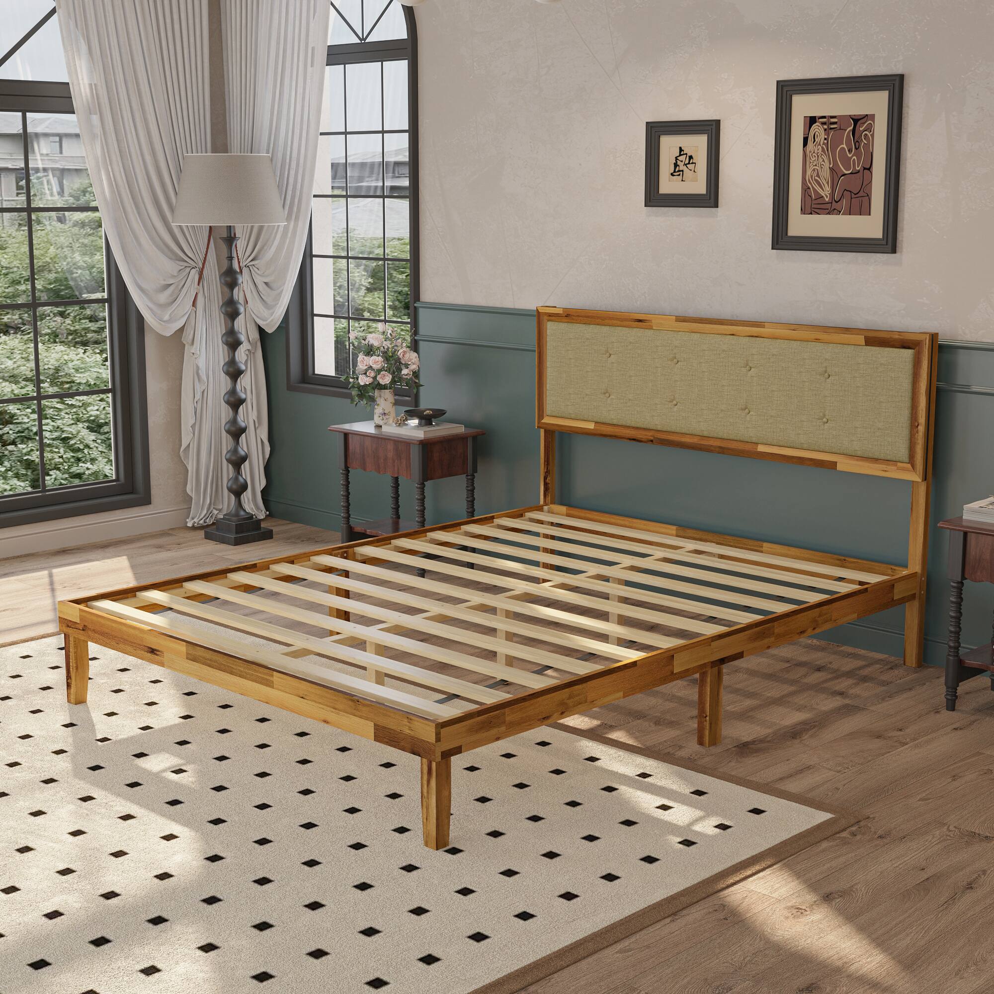Alt View 4. Famapy - Famapy Upholstered Headboard Solid Wood Bed Frame with - Sturdy Slat Support, No Box Spring Needed - Wooden.