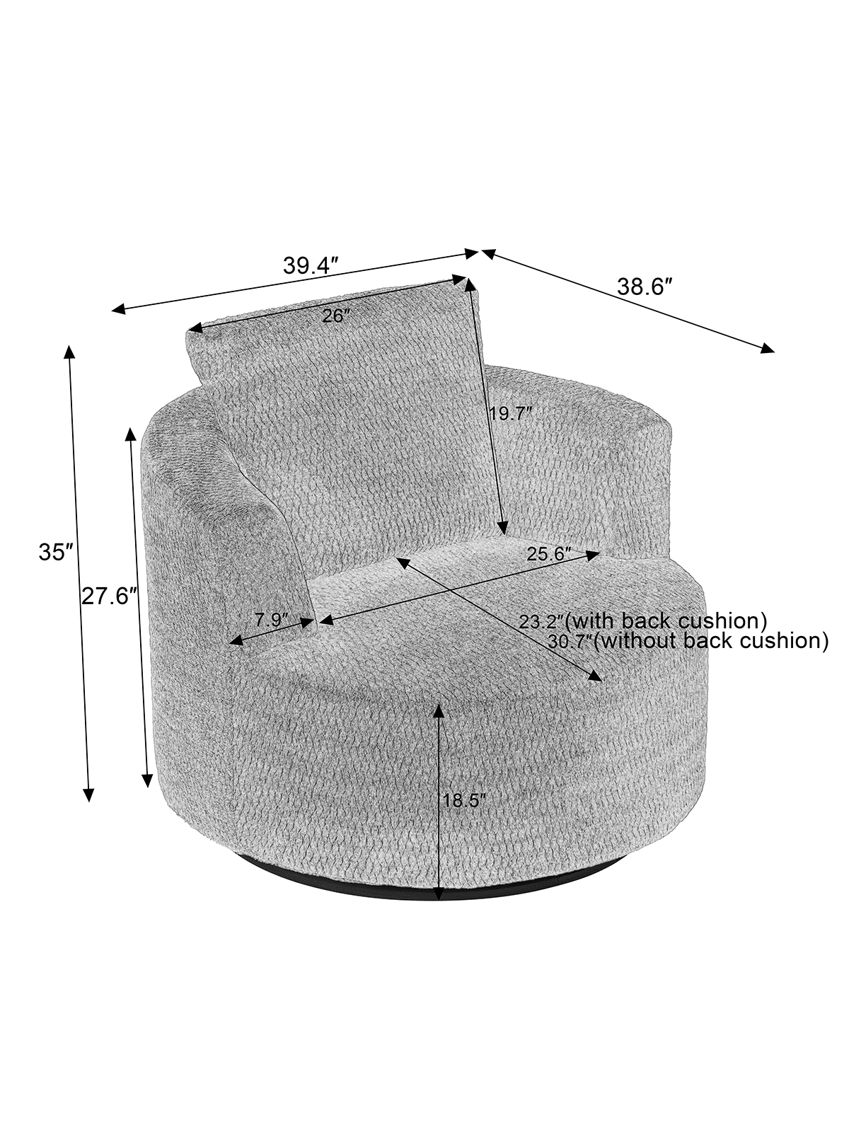 39.4"  
26"  
38.6"  
19.7"  
35"  
27.6"  
7.9"  
25.6"  
23.2" (with back cushion)  
30.7" (without back cushion)  
18.5"