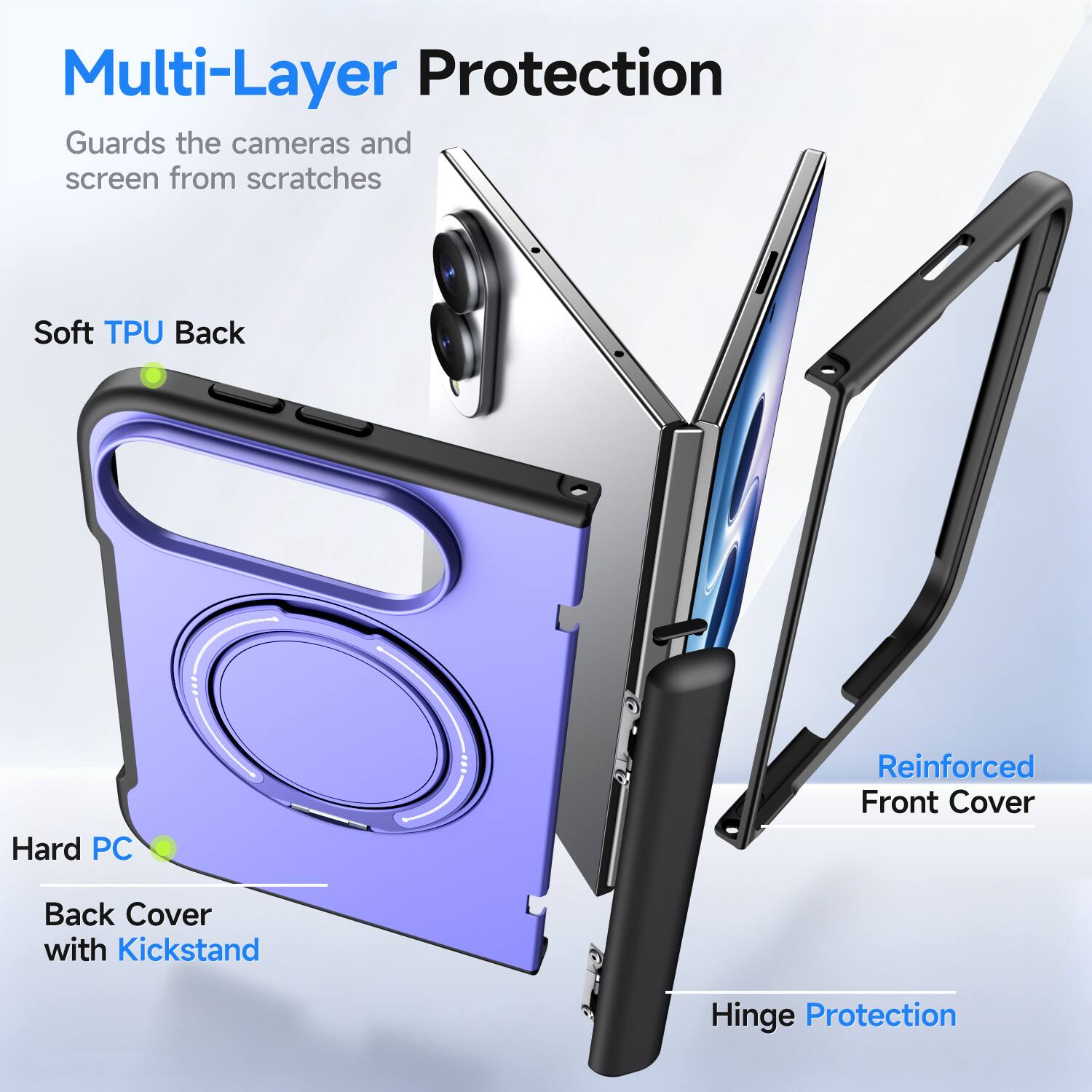 Multi-Layer Protection  
Guards the cameras and screen from scratches  

Soft TPU Back  
Hard PC  
Reinforced Front Cover  
Back Cover with Kickstand  
Hinge Protection