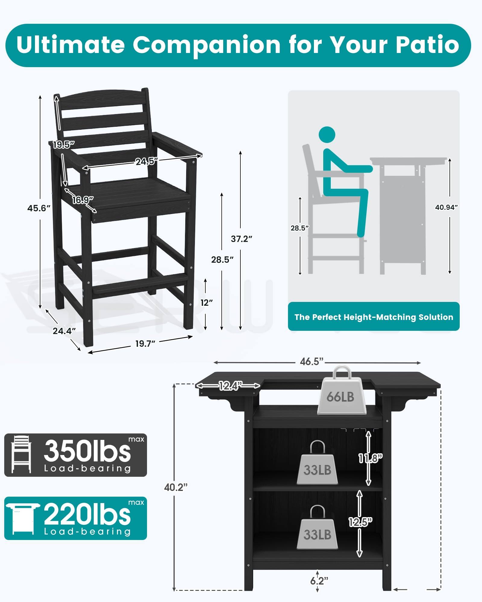 Ultimate Companion for Your Patio

19.5"
24.5"
45.6"
16.9"
40.94"
37.2"
28.5"
28.5"
24.4"
19.7"
12"

The Perfect Height-Matching Solution

46.5"
12.4"
66LB
max 350lbs Load-bearing
40.2" max 220lbs Load-bearing
33LB
33LB
11.8"
12.5"
6.2"
