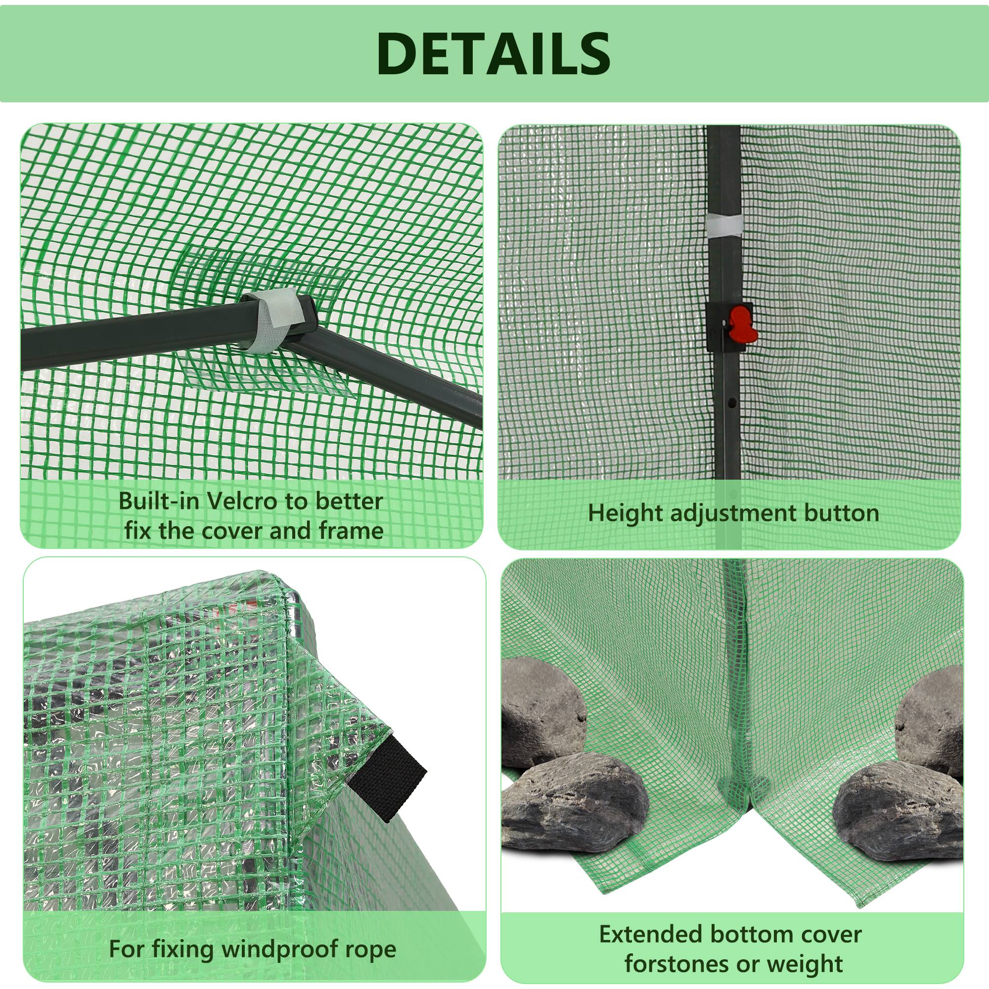 DETAILS

- Built-in Velcro to better fix the cover and frame
- Height adjustment button
- For fixing windproof rope
- Extended bottom cover for stones or weight