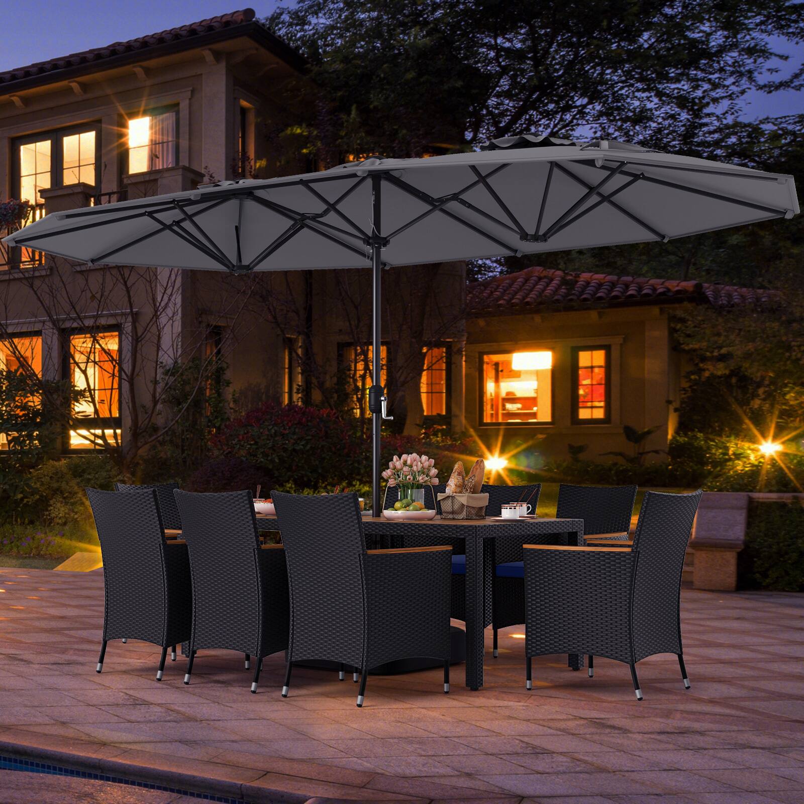 Alt View 4. Costway - Costway 11 PCS Patio Wicker Dining Set with Double-Sided Outdoor Umbrella 8 Stackable Chairs - Gray+Navy.