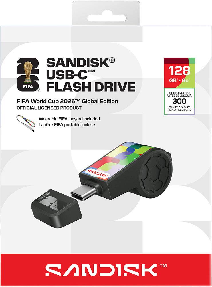 SANDISK USB-C FLASH DRIVE  
FIFA World Cup 2026™ Global Edition  
OFFICIAL LICENSED PRODUCT  

128 GB  
SPEEDS UP TO 300 MB/s*  
READ LECTURE  

Wearable FIFA lanyard included  
Lanière FIFA portable incluse  

SANDISK