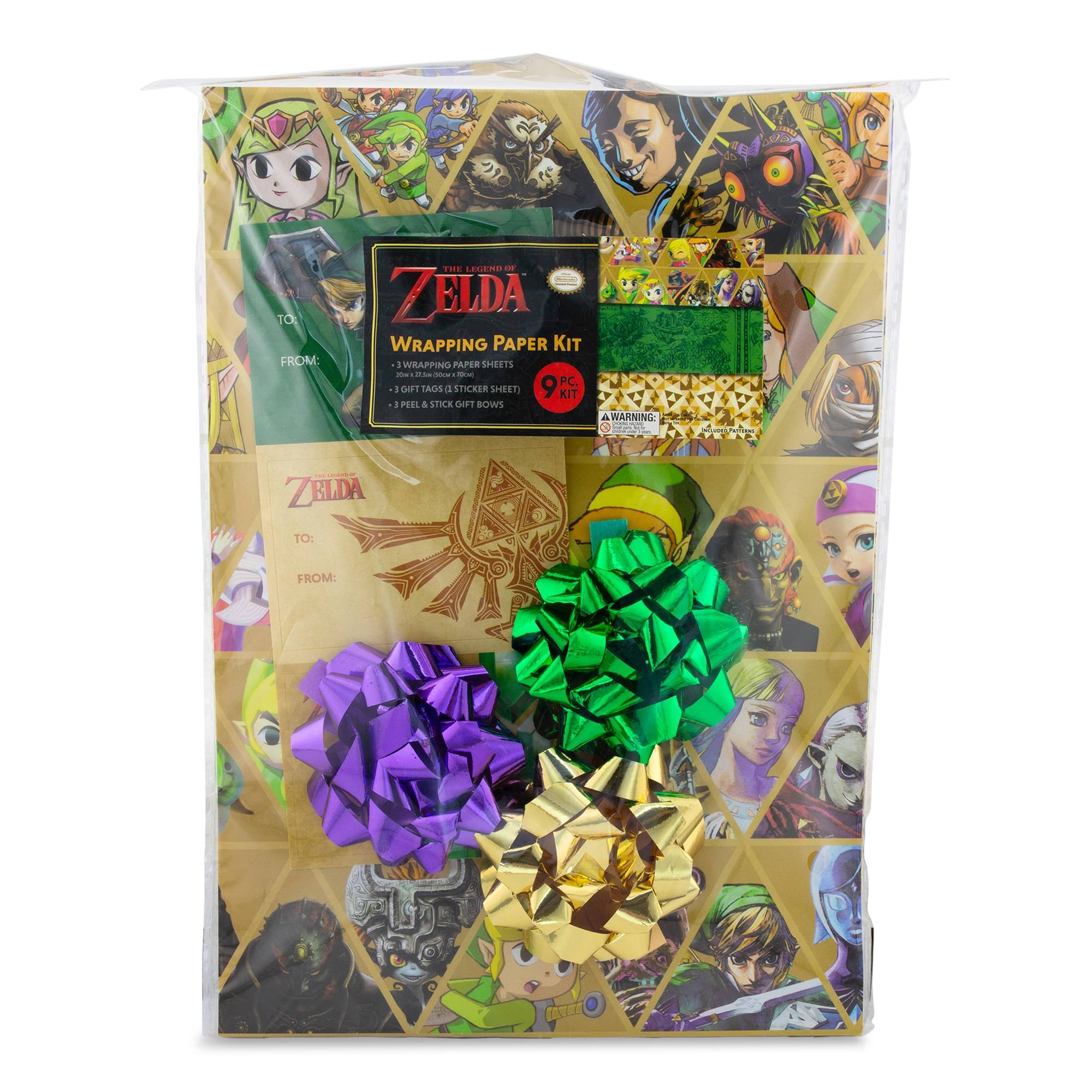 TO FROM:  
THE LEGEND OF ZELDA WRAPPING PAPER KIT 1 WRAPPING PAPER SHEETS - 3  
GIFT TAGS / STICKER SHEET - 6  
PEEL & STICK GIFT BOWS - 3  

WARNING:  
TO:  
FROM: