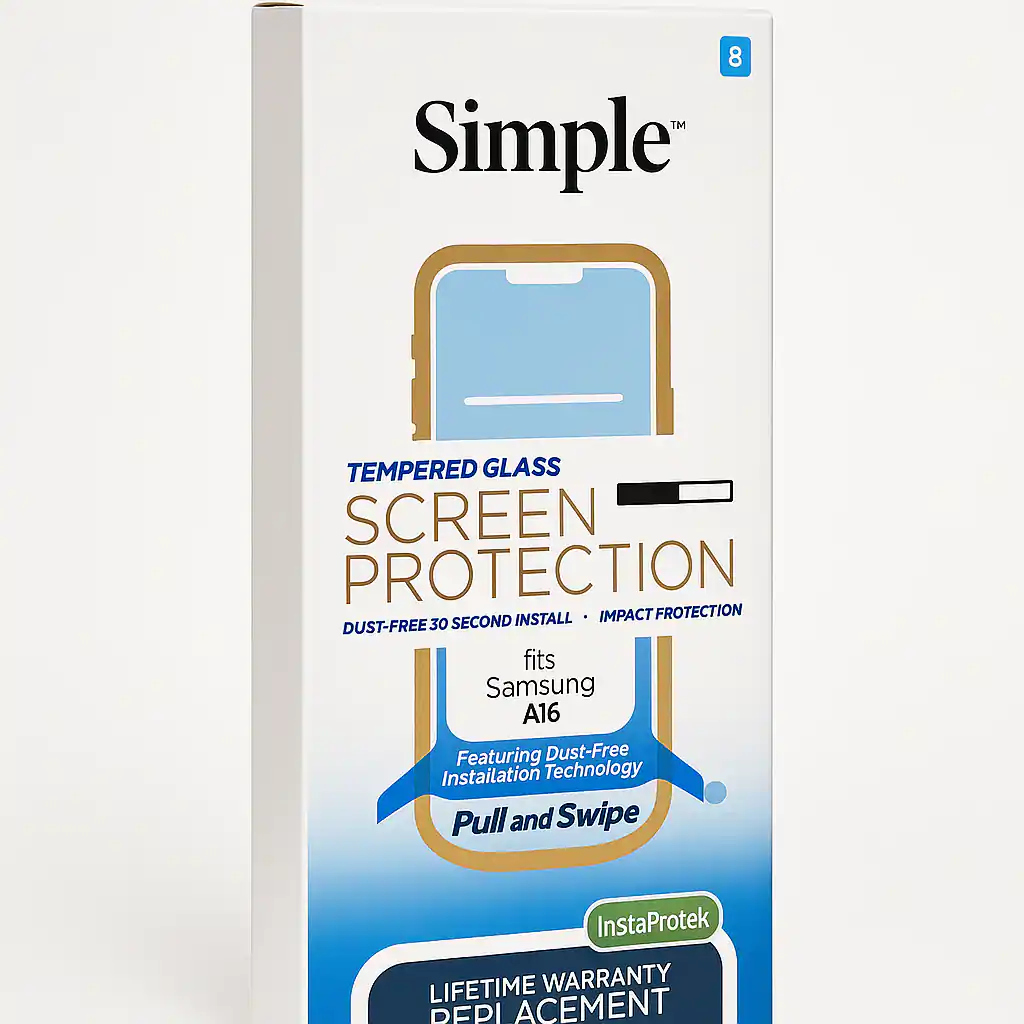 8 MT Simple  
TEMPERED GLASS SCREEN PROTECTION  
DUST-FREE 30 SECOND INSTALL - IMPACT PROTECTION  
fits Samsung A16  
Featuring Dust-Free Installation Technology  
Pull and Swipe  

InstaProtek  
LIFETIME WARRANTY REPLACEMENT