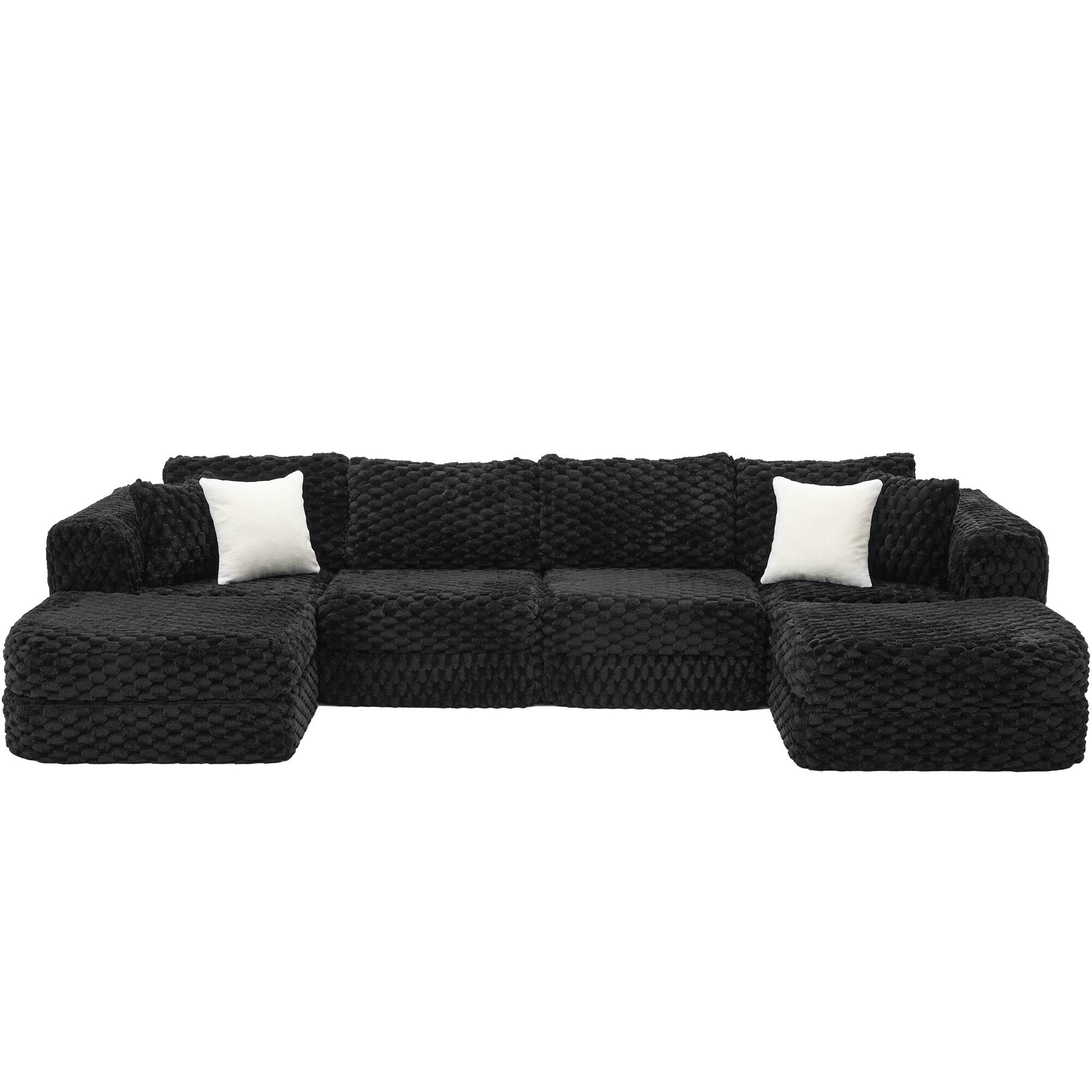 Back. Whisen - Modular Boneless Sectional Sofa with Two Movable Ottomans for Living Room - Black.