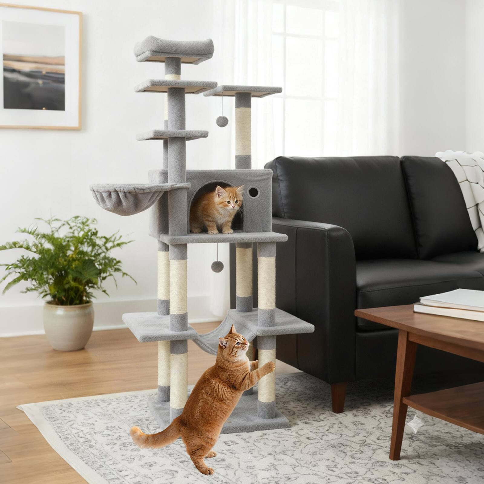 Alt View 4. Gymax - Gymax 63'' Large Cat Tree for Indoor Cats w/Plush Top Perch Condo Hammock Basket Bed Light Grey.
