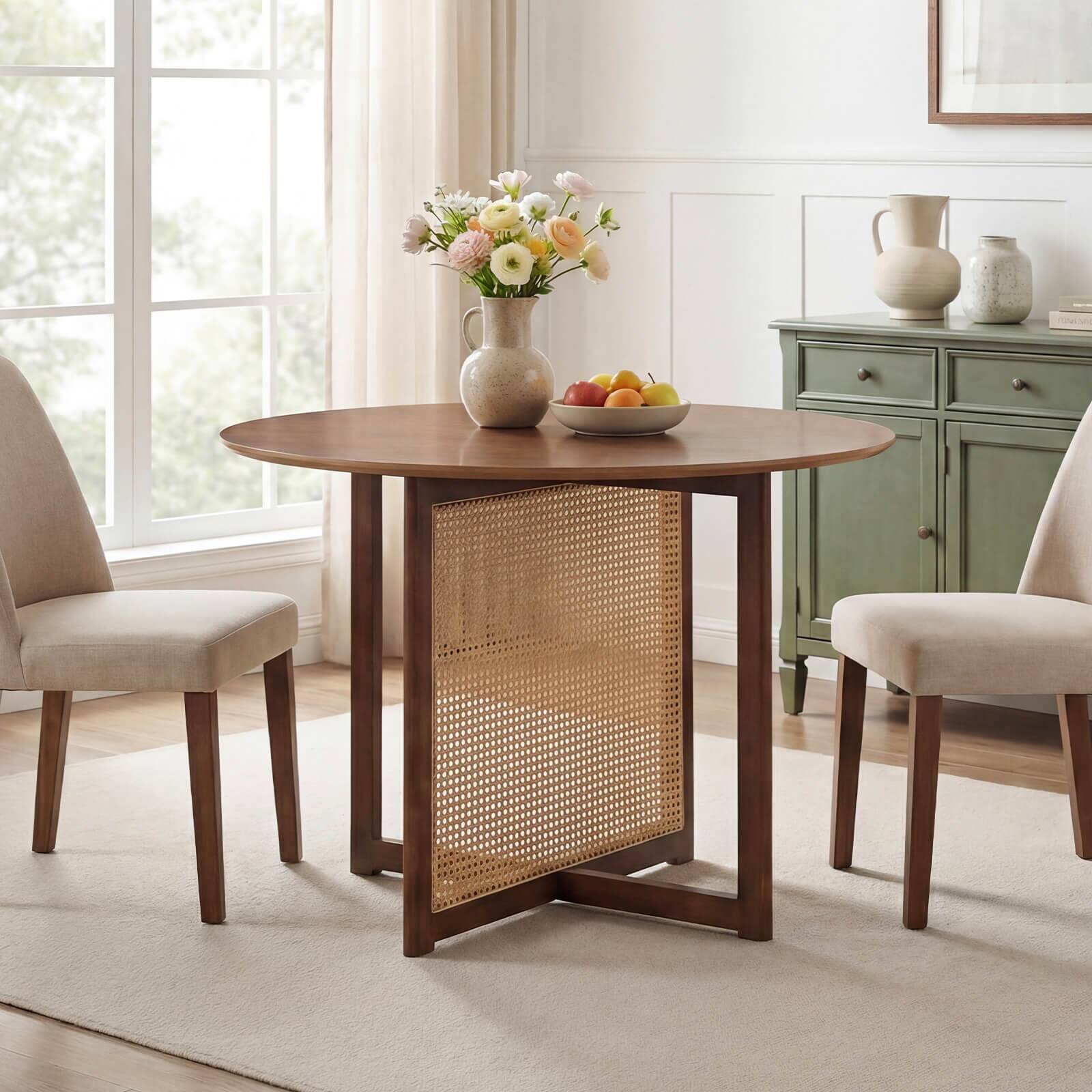 Alt View 3. Costway - Costway Round Dining Table with Cross Pedestal Base, PE Rattan Decoration for Dining Room - Walnut.