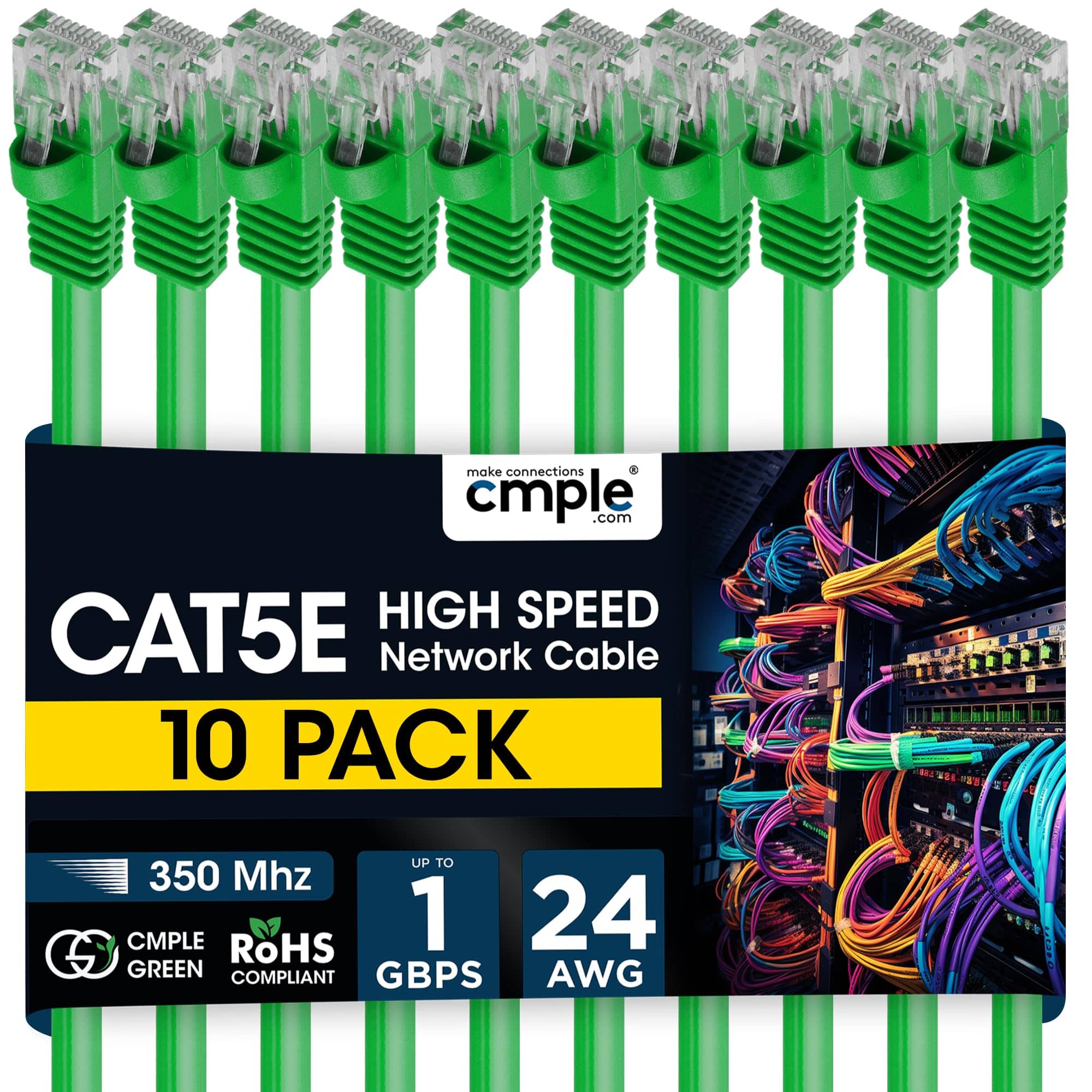 Cmple.com - Cmple - 10 Pack Cat5e Ethernet Cable 15ft Internet Cables, RJ45 Connectors 1Gbps LAN Patch Cord 350Mhz Wire - Green