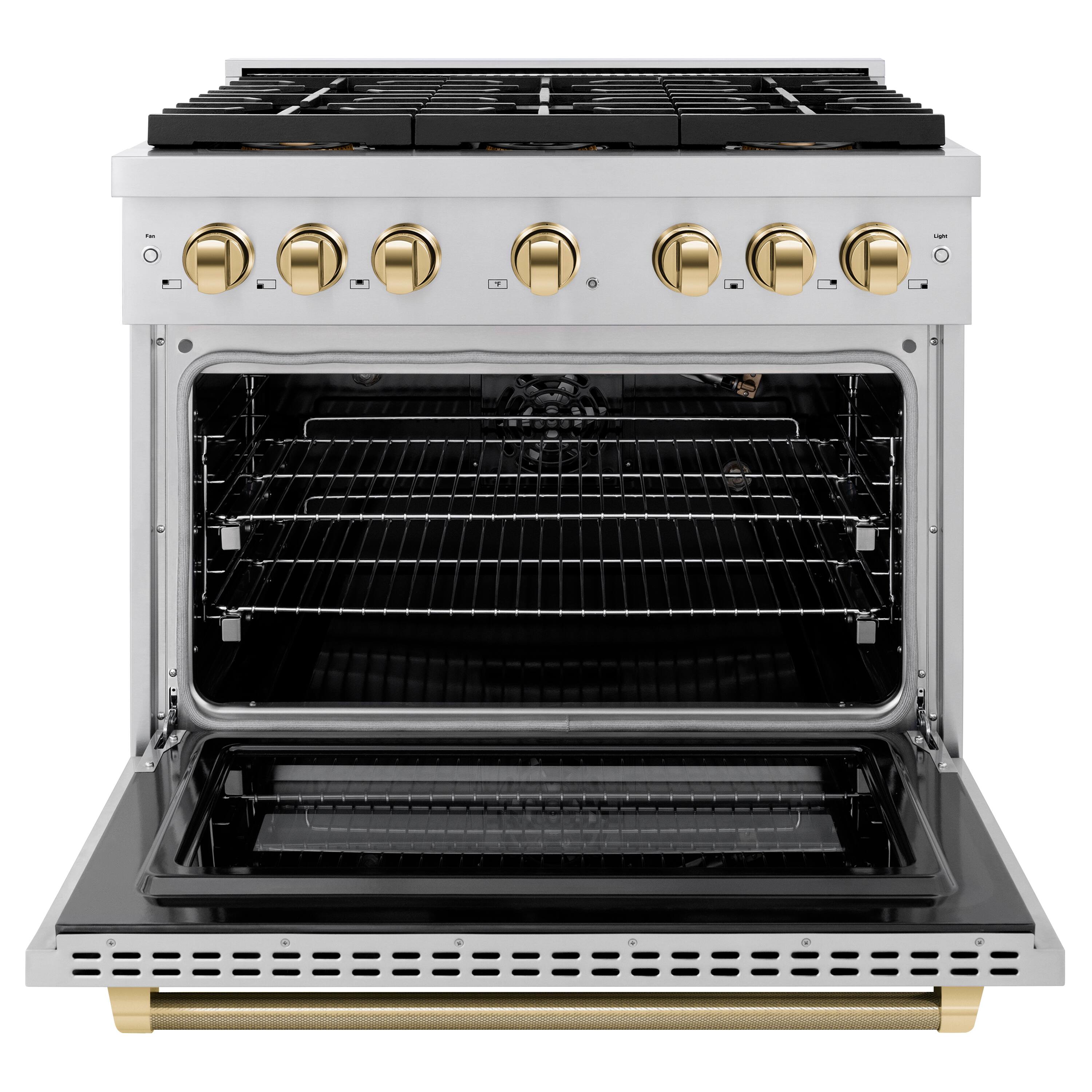 Angle. ZLINE - ZLINE Autograph 36 in. 5.2 Cu. Ft. Freestanding Paramount DuoPro Gas Range in Stainless Steel with Gold Helix Handle - Stainless Steel.