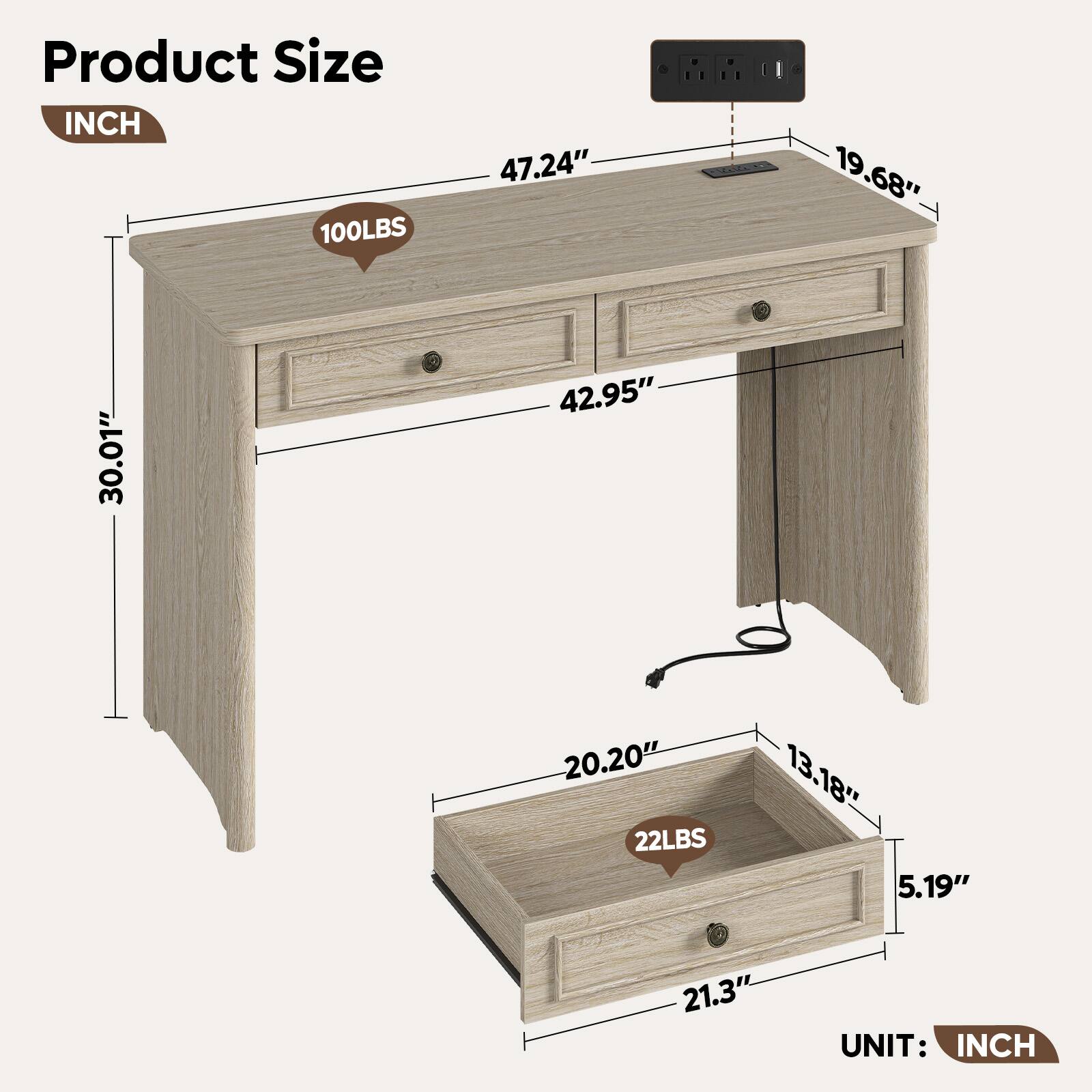 Product Size  
INCH  
100LBS  
47.24"  
19.68"  
30.01"  
42.95"  
20.20" 22LBS  
13.18" 5.19"  
21.3"  
UNIT: INCH