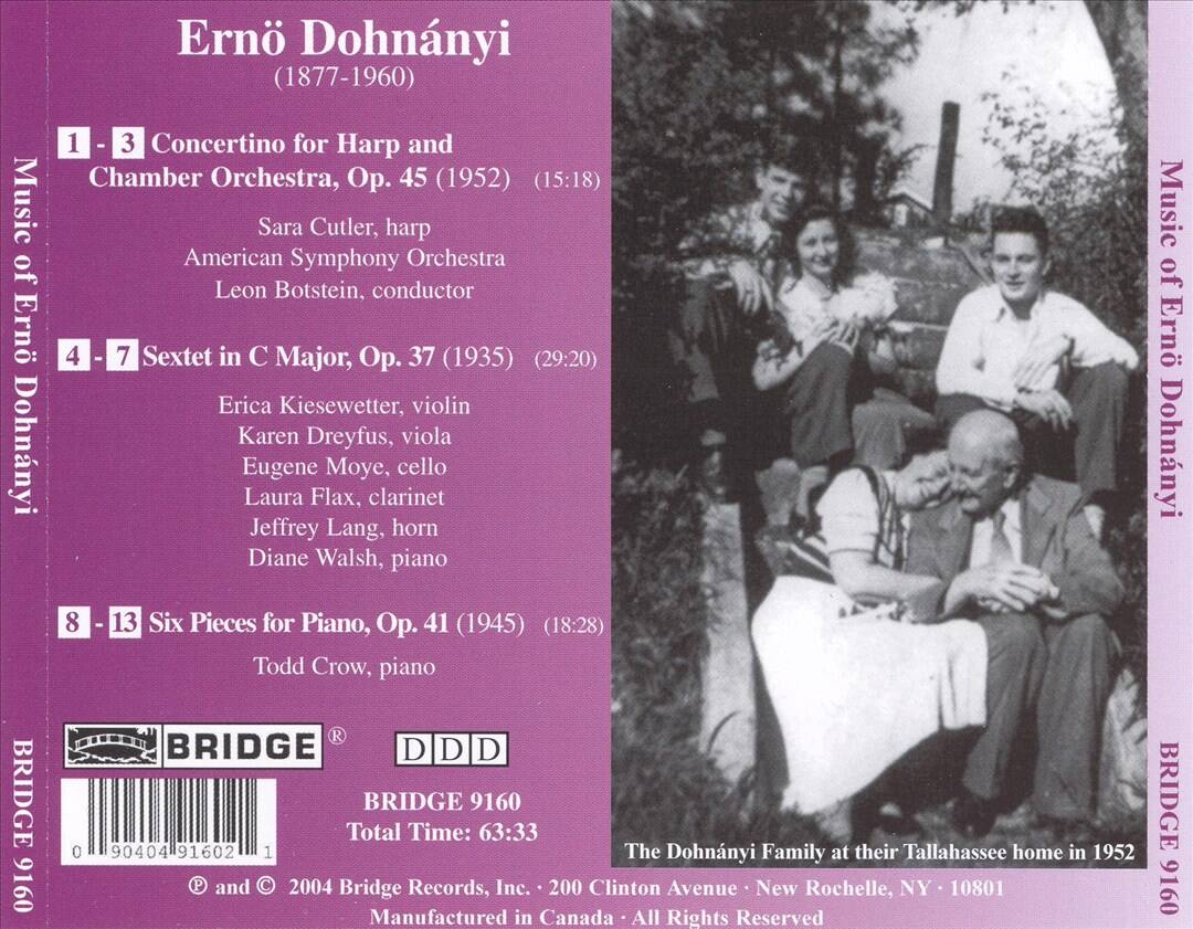 Back. Ernö Dohnányi: Concertino for Harp and Chamber Orchestra; Sextet in C major; Six Pieces for Piano [CD].
