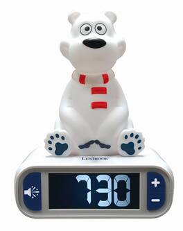 Lexibook - Alarm Clock with Night Light 3D Design Animals Polar Bear and Sound Effects - White