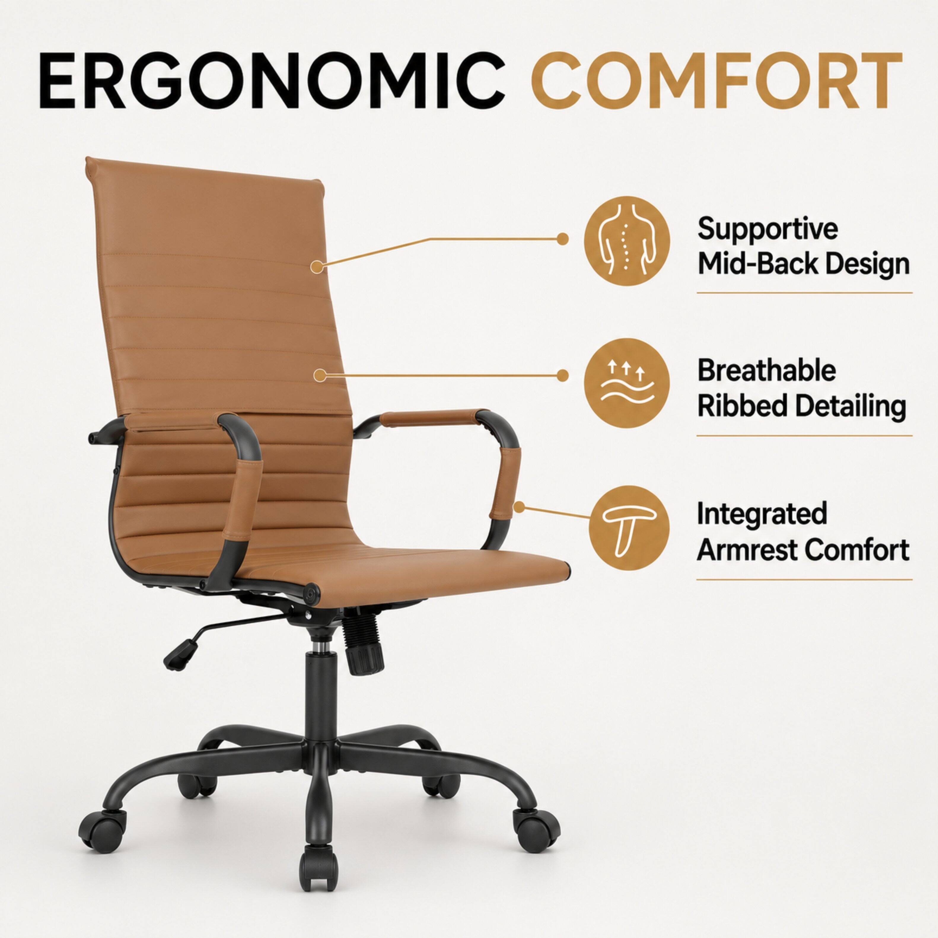 ERGONOMIC COMFORT

- Supportive Mid-Back Design
- Breathable Ribbed Detailing
- Integrated Armrest Comfort